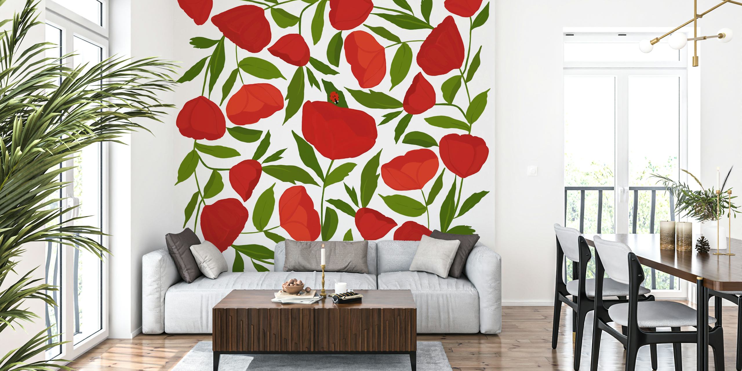 Red poppy flowers with green leaves wallpaper