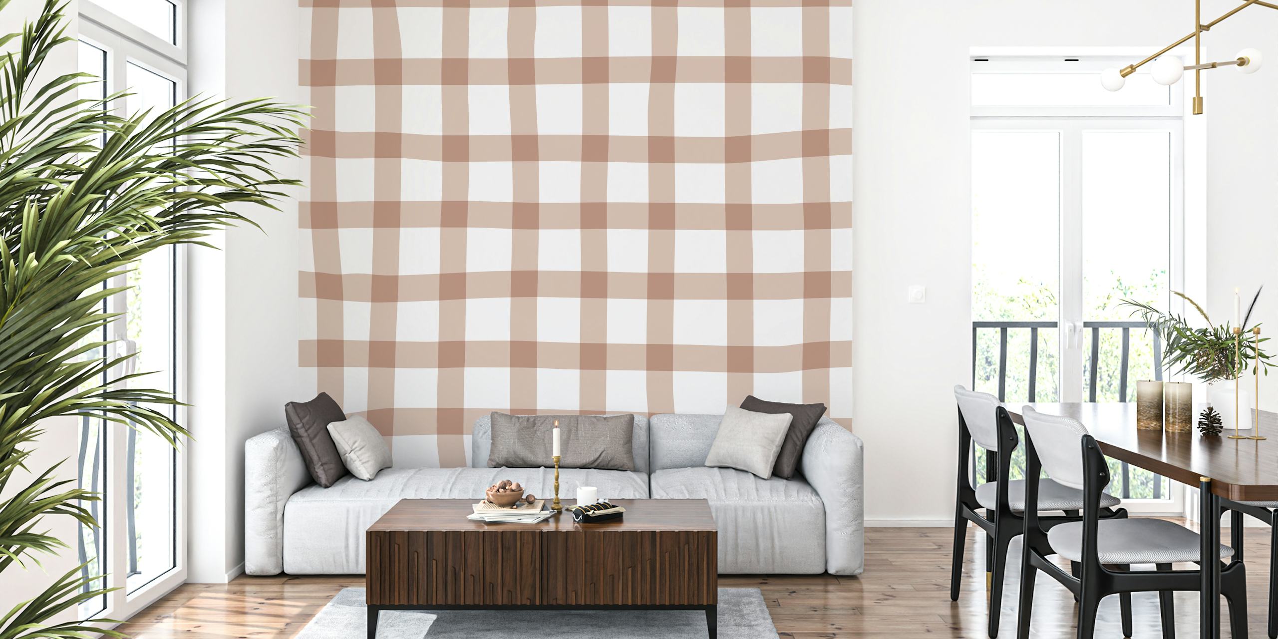 Wonky check pink and white wallpaper in a room