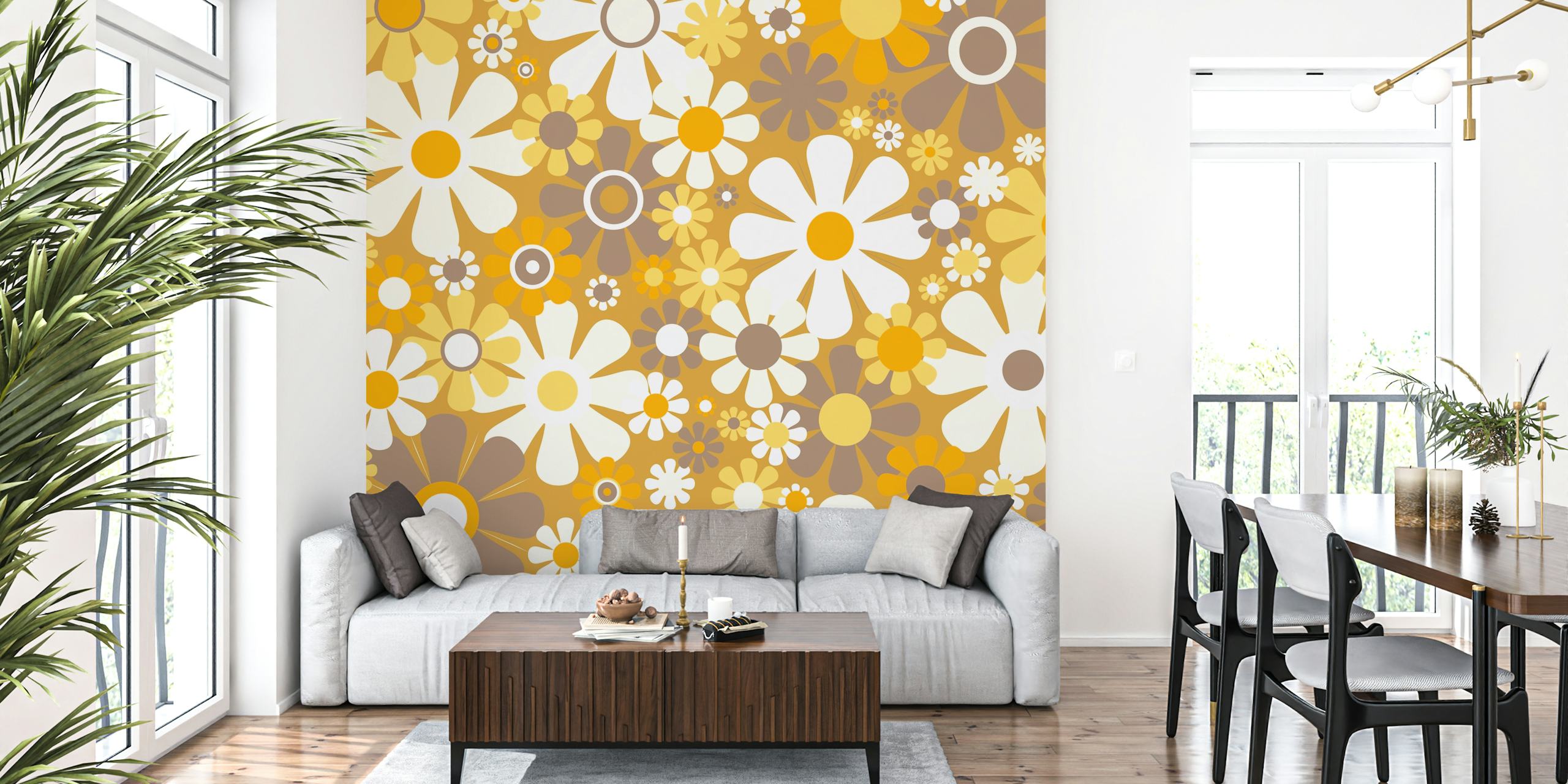 Design de papel de parede Groovy Retro Garden 70s Floral Pattern Ochre
