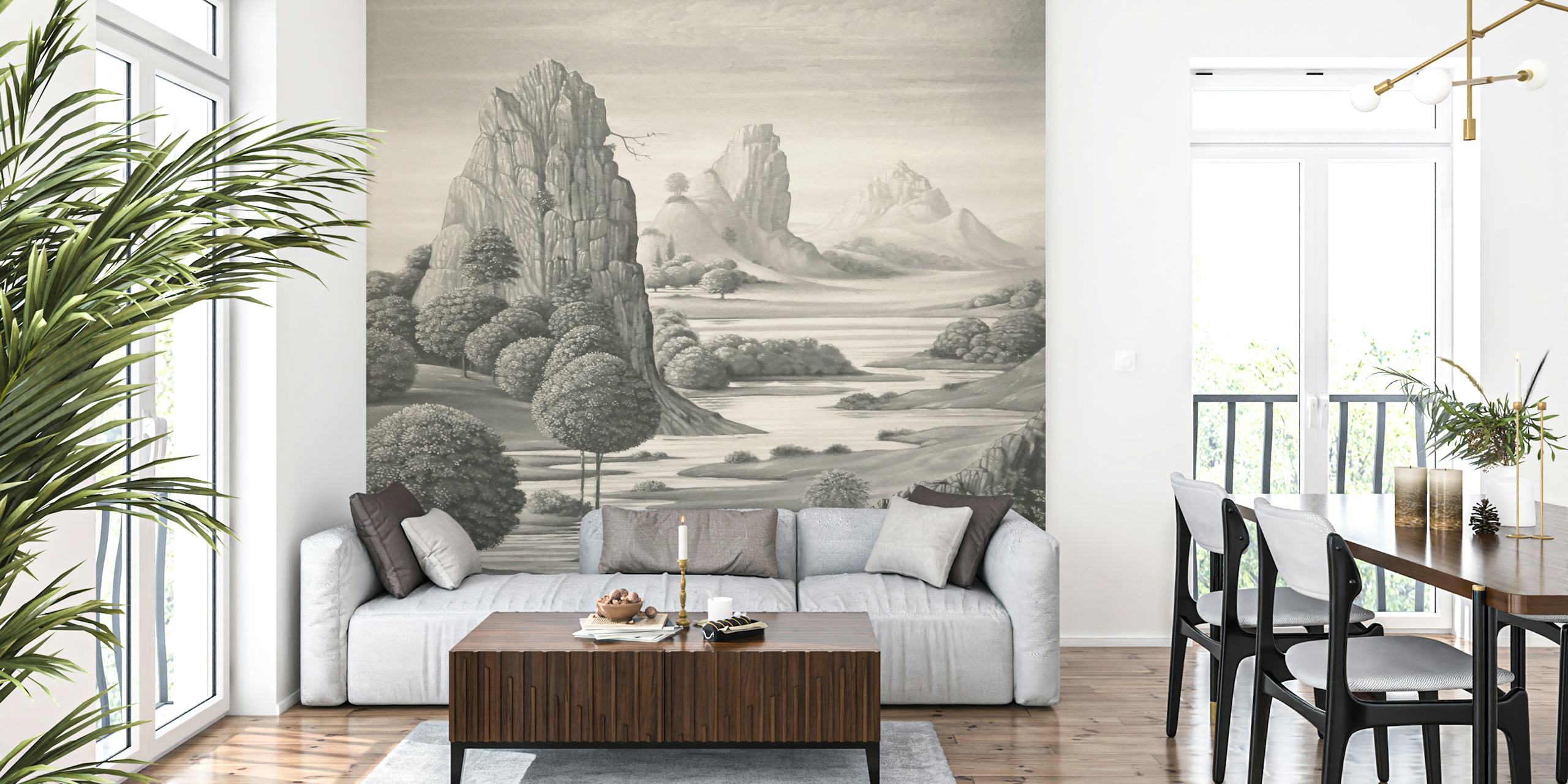 Scenic mountain landscape with trees in black and white wallpaper