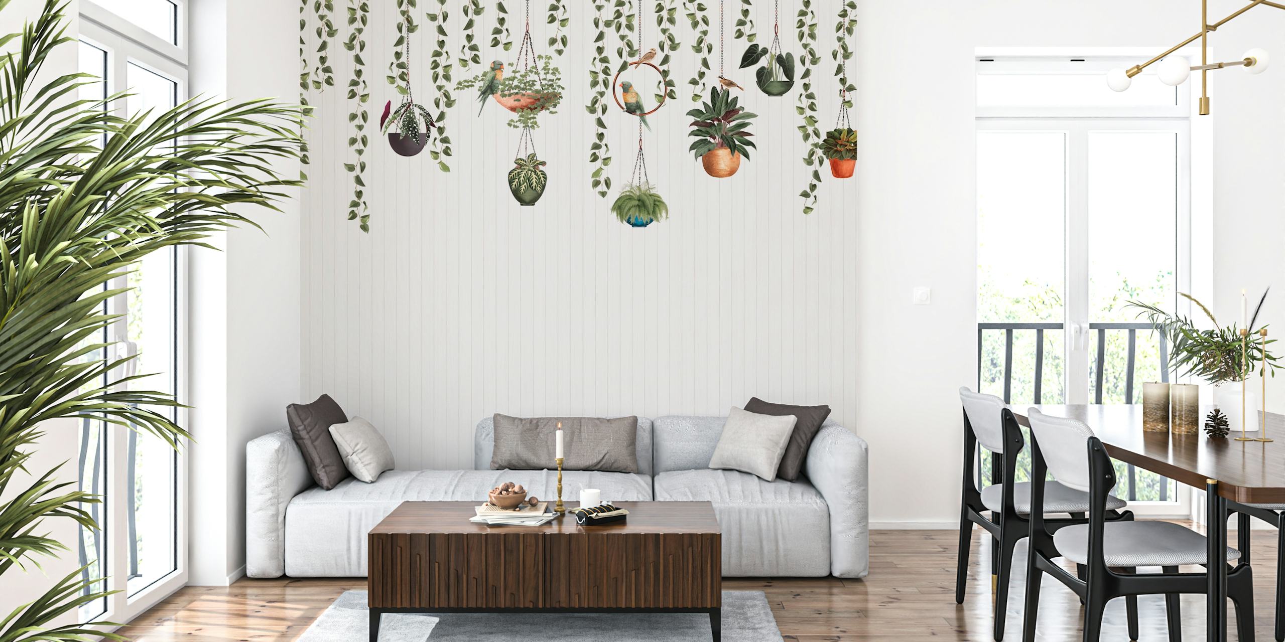 Wallpaper featuring lorikeets and hanging plants