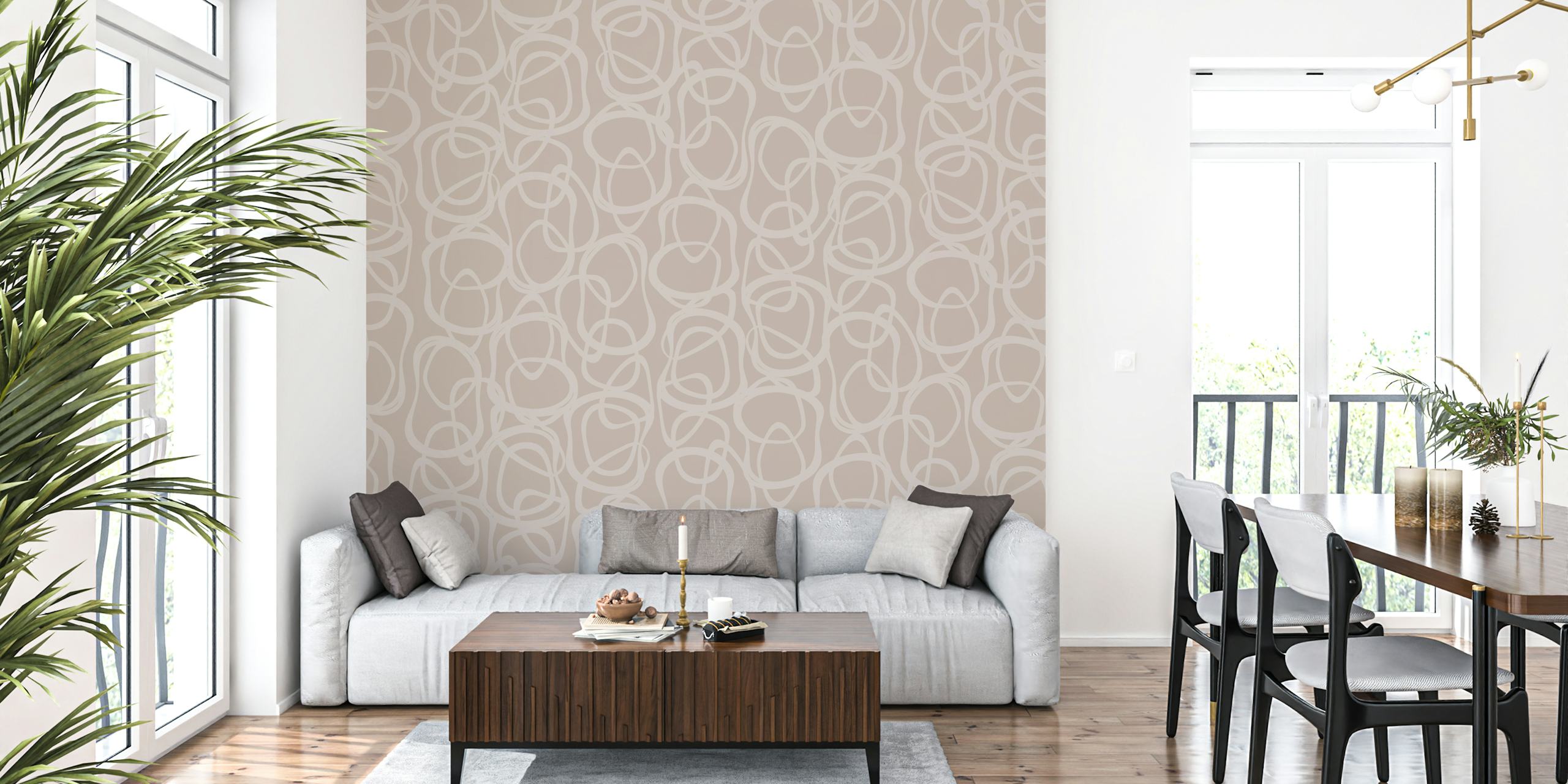 Abstract interlocking tan line shapes on beige wallpaper