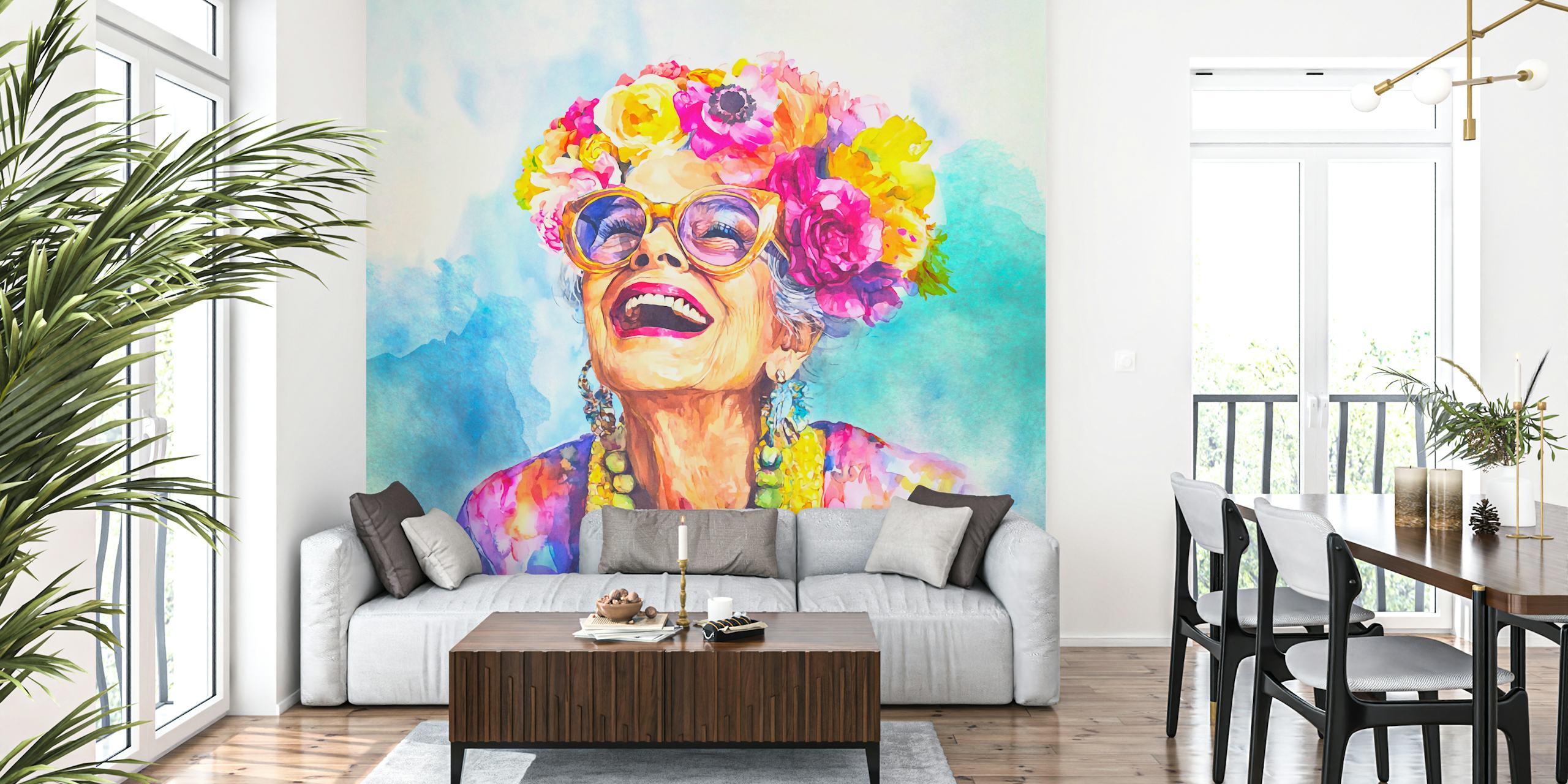 Colorful floral portrait of a smiling woman with glasses wallpaper