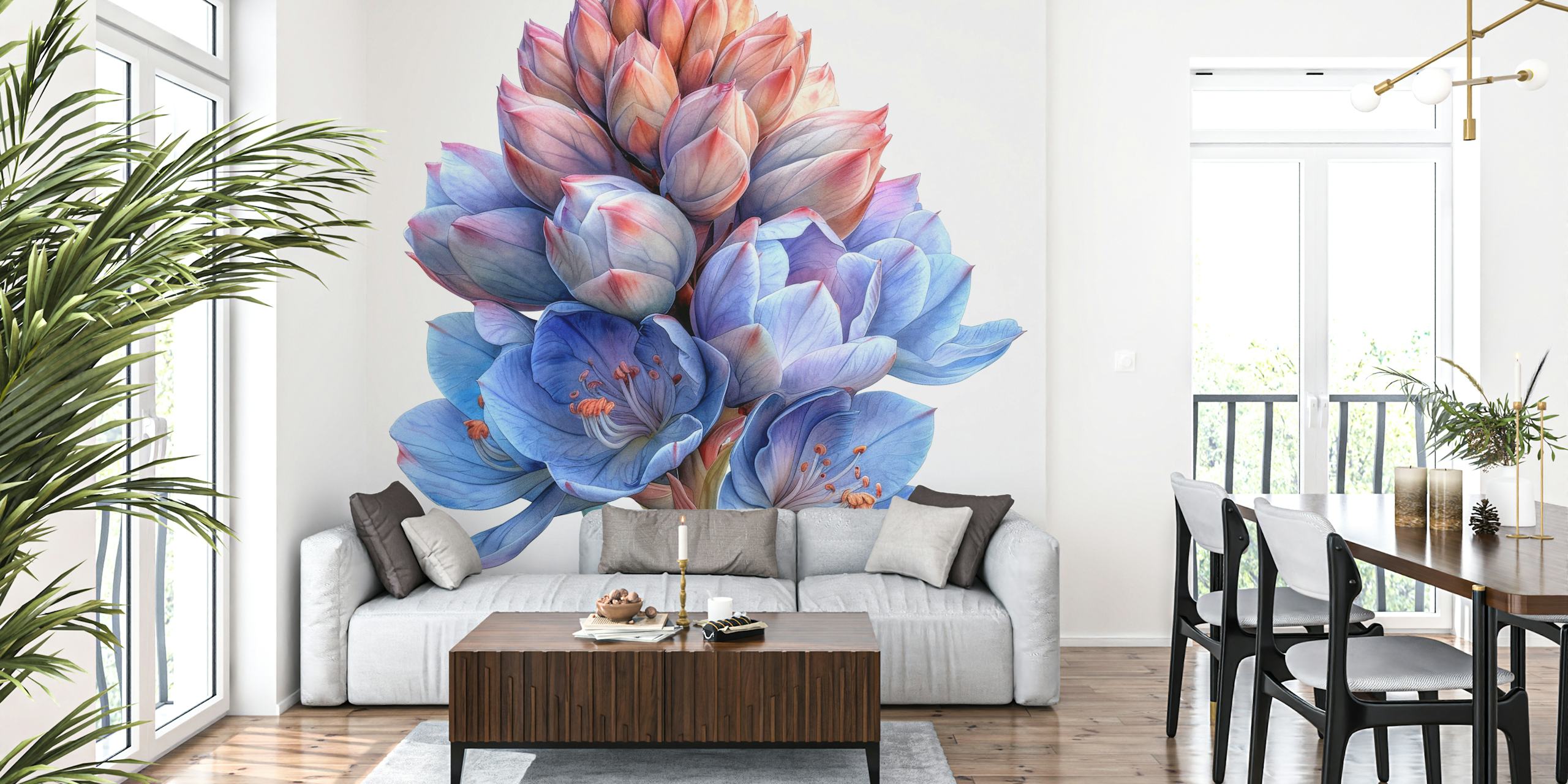 Yucca blooms in soft blue and pink hues, floral wallpaper