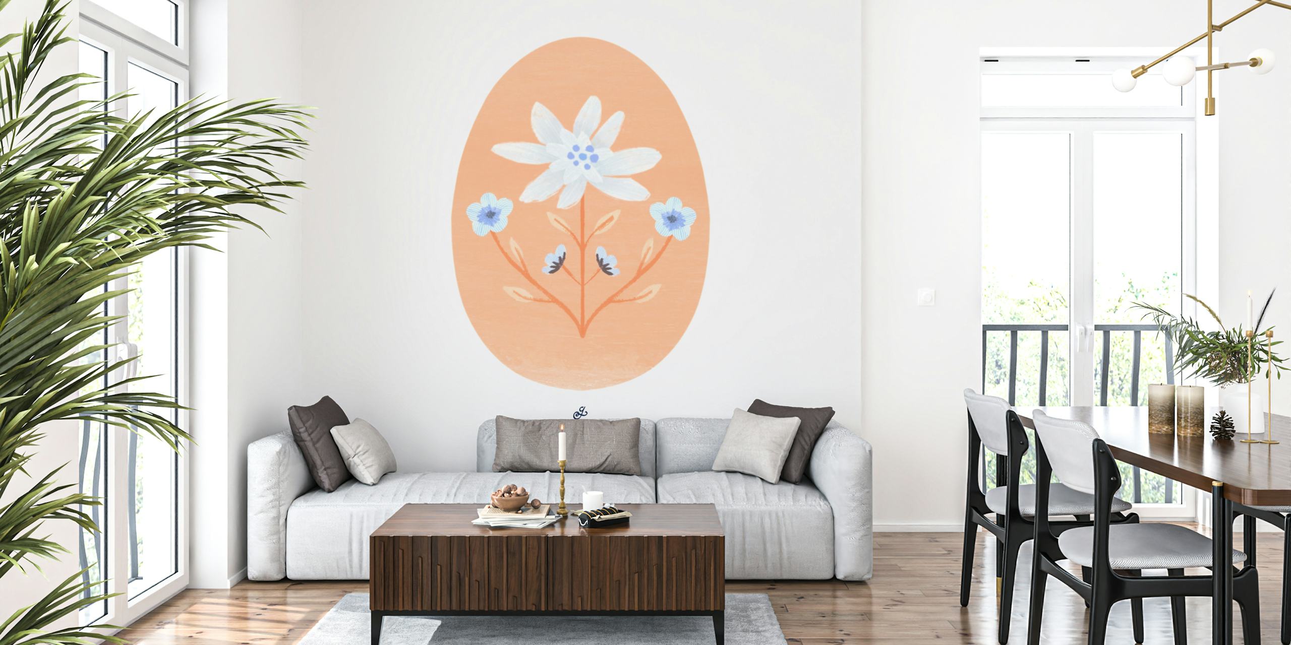 Peach floral design with white and blue flowers wallpaper
