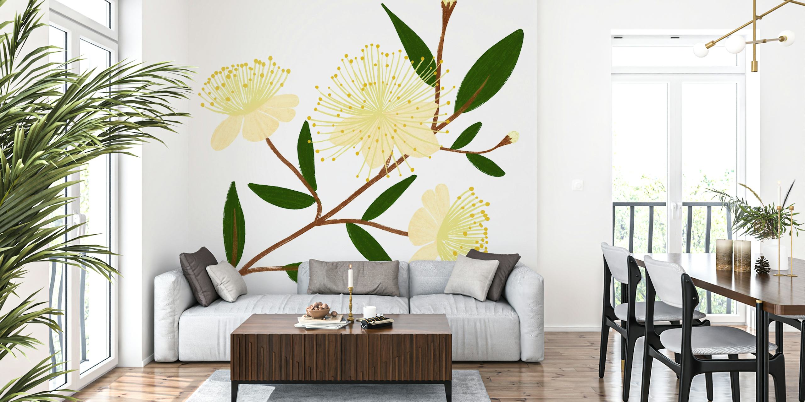 Yellow floral pattern with green leaves wallpaper
