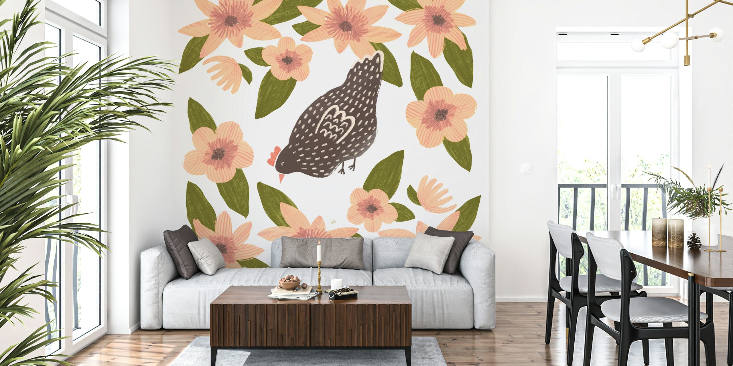 Charming Chicken Florals Tapete in einem Raum