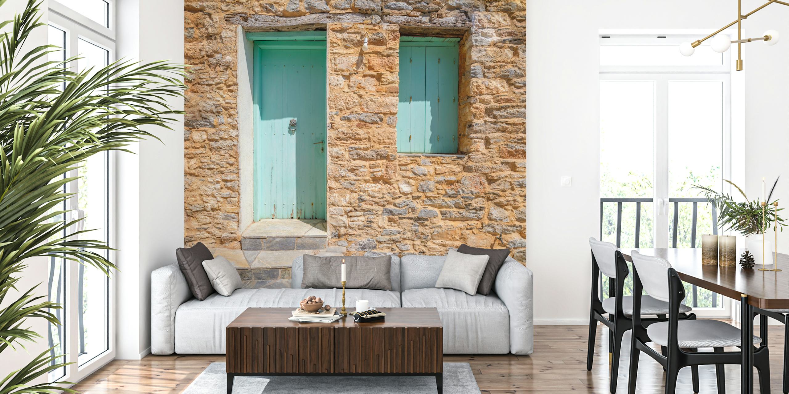 Mediterranean stone facade wallpaper in a room