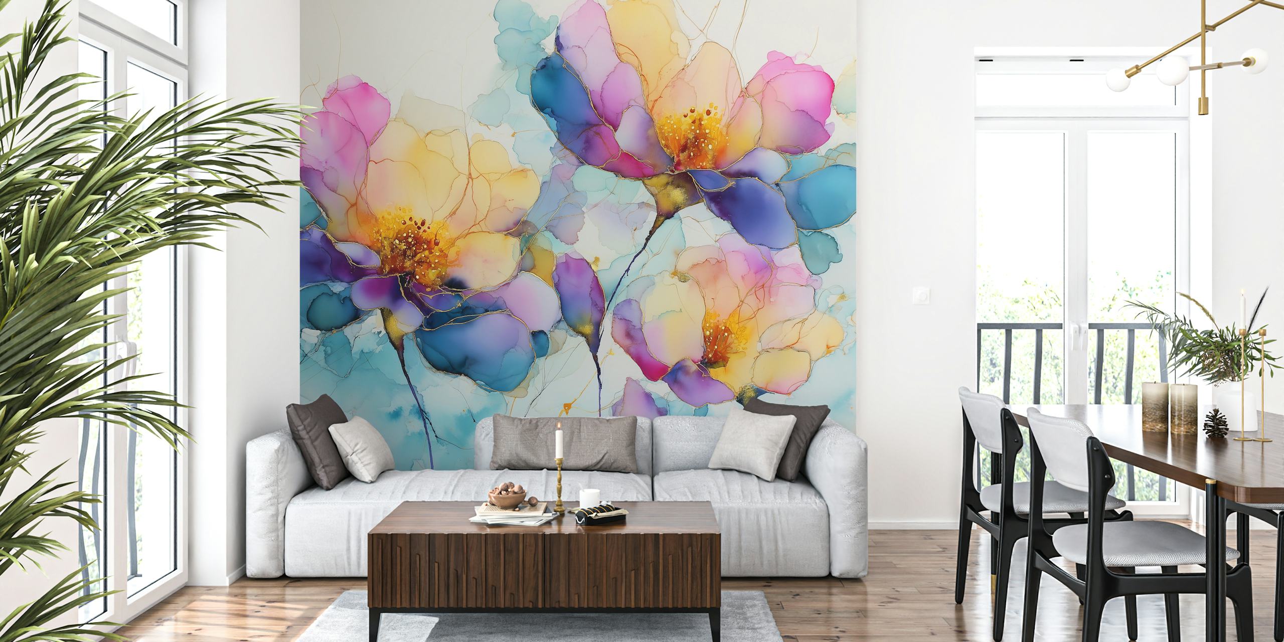 Colorful ink floral design featuring pink, purple, and yellow flowers wallpaper