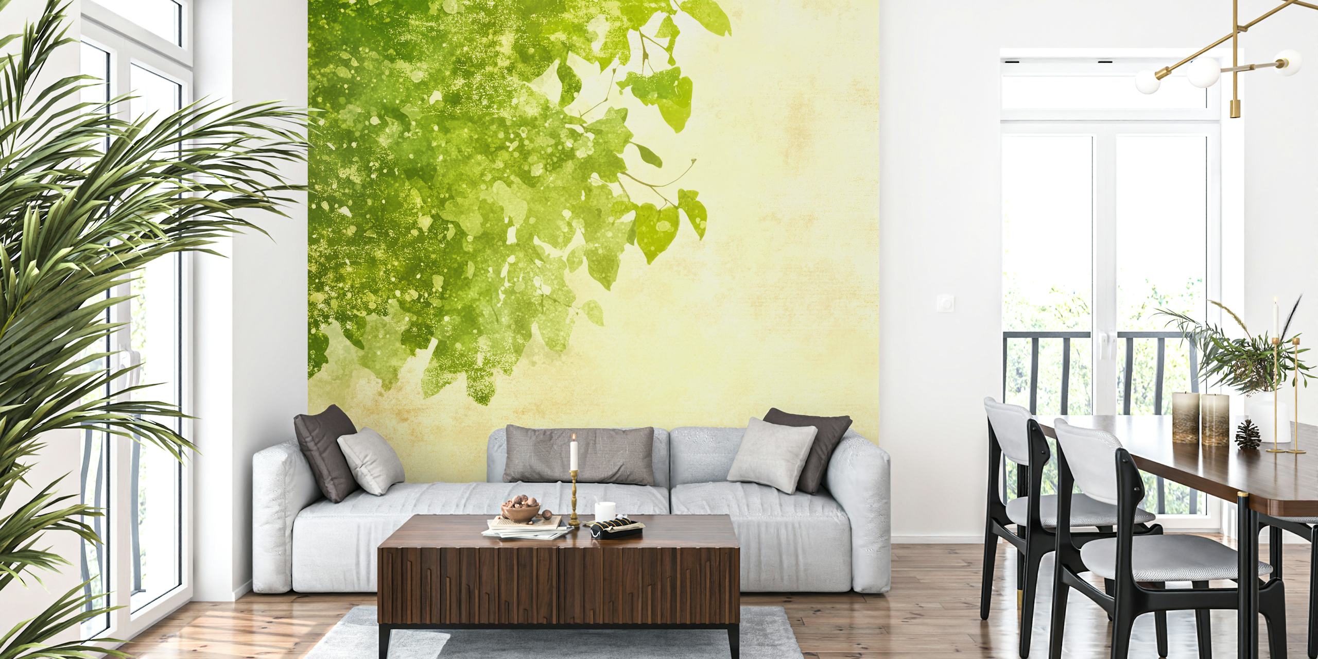 Green leafy foliage on a soft yellow background wallpaper