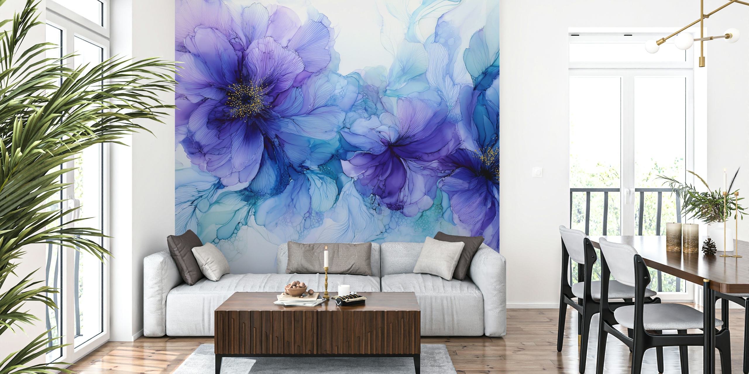Purple floral wallpaper featuring large violet blooms with delicate green leaves in an artistic style.