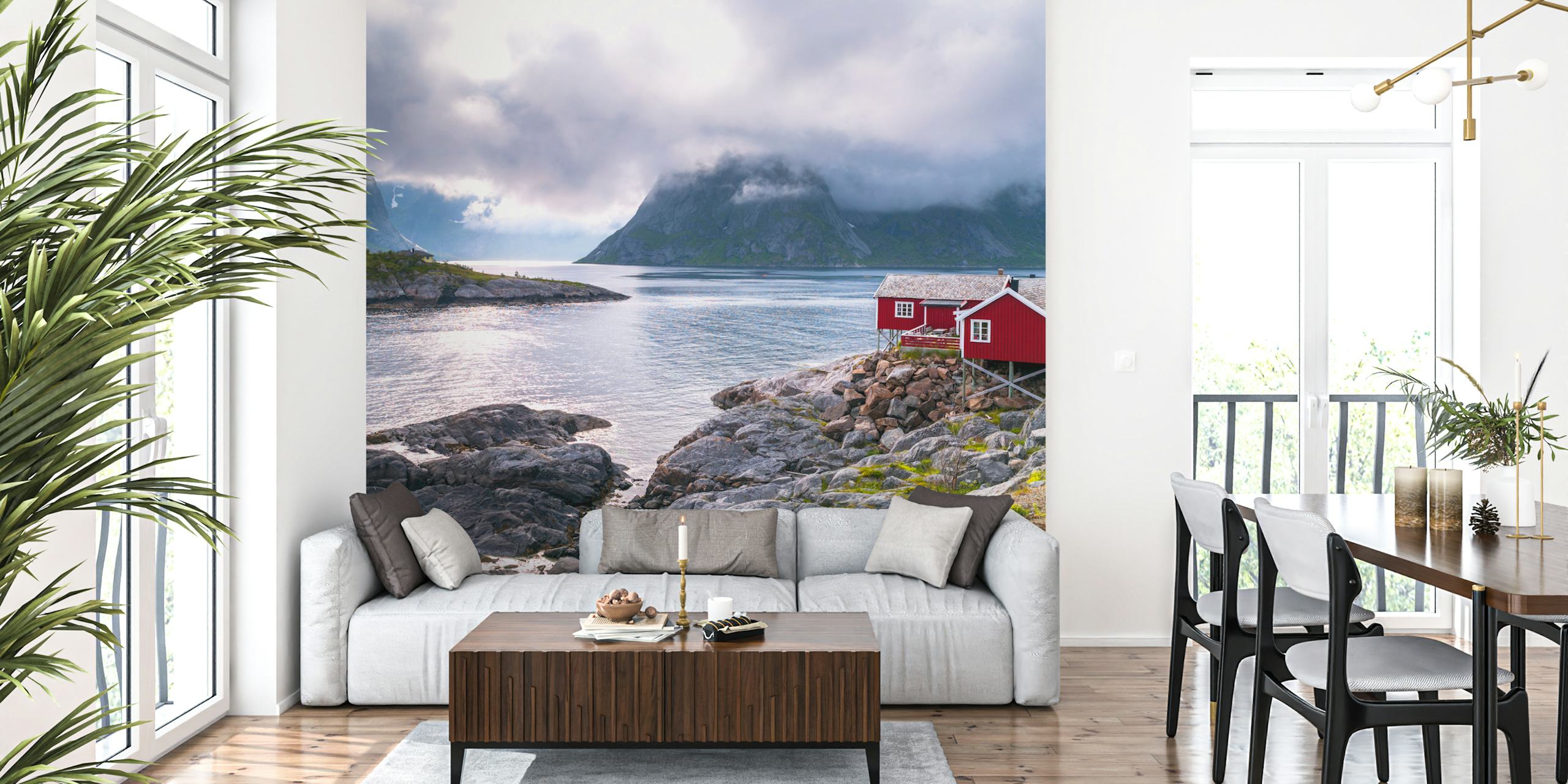 Norwegian fjord wallpaper in a room setting