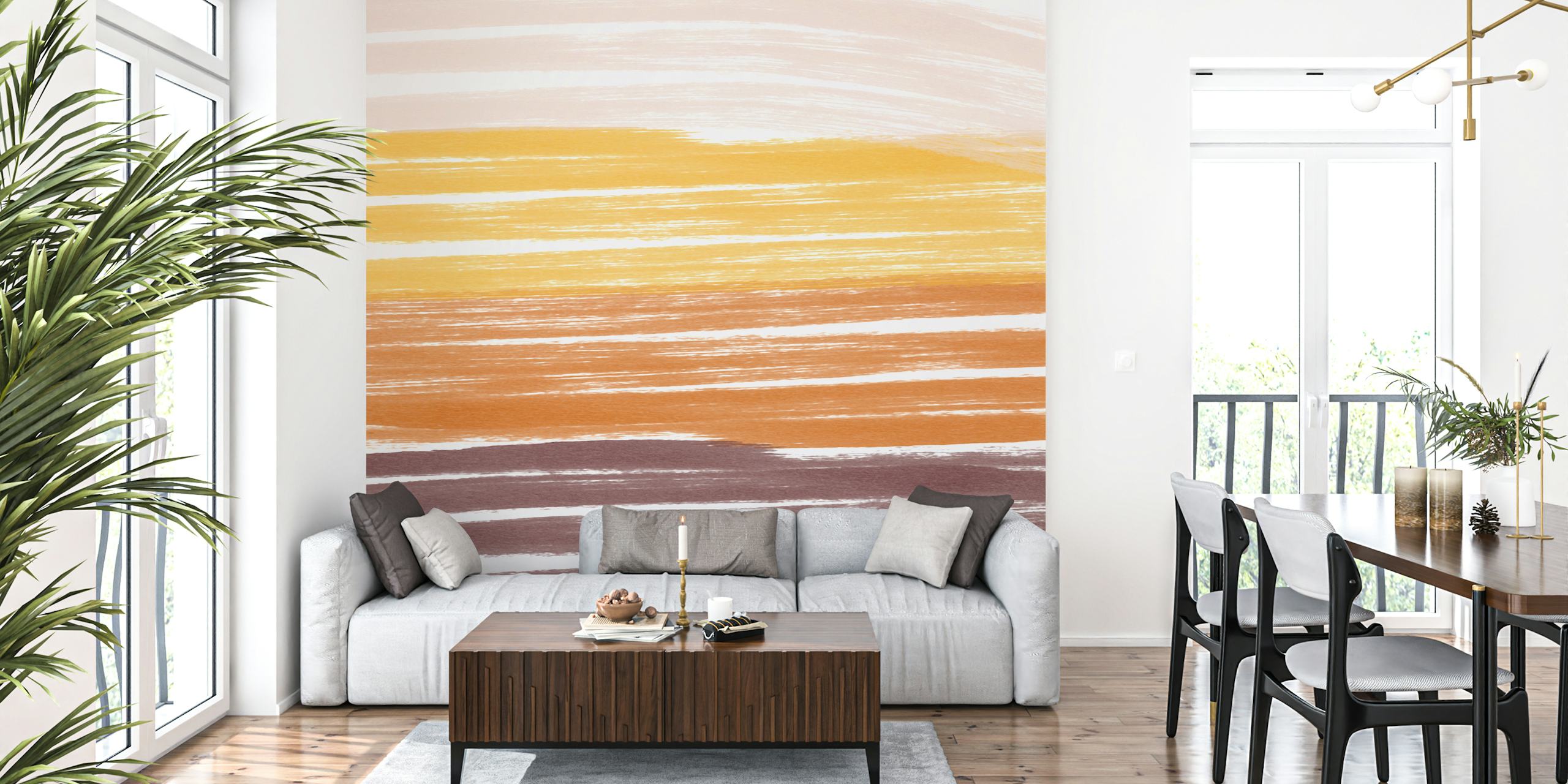 Abstract brush stroke wallpaper in warm yellow, brown, and white tones