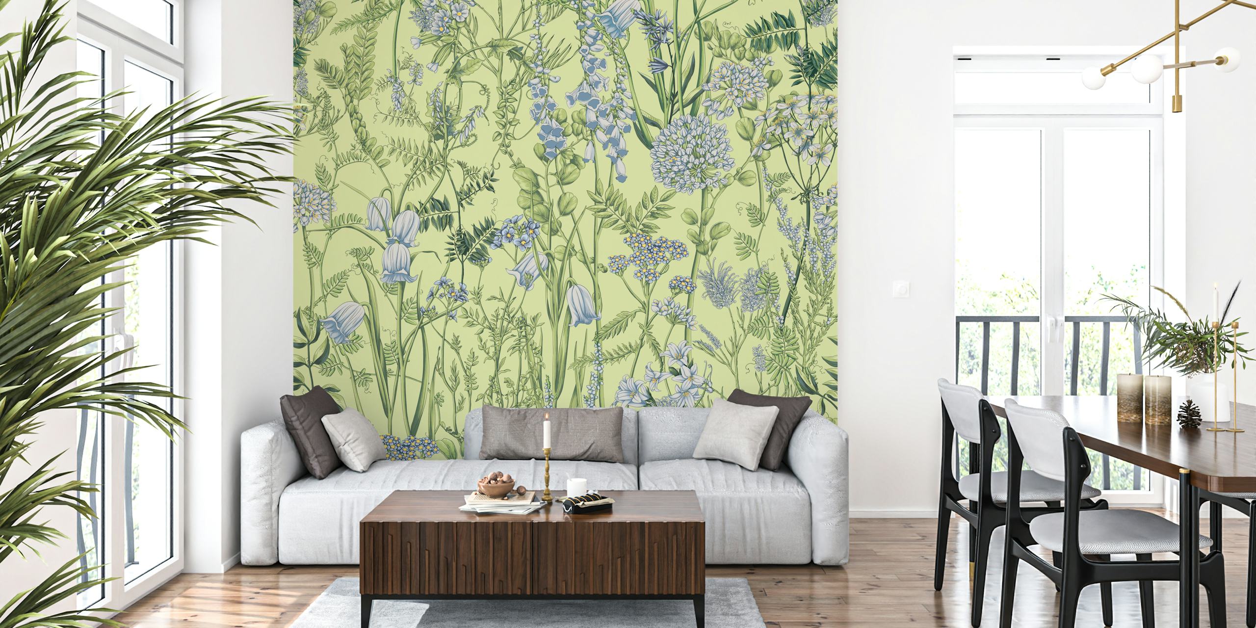 Botanical floral patterns in green and blue tones wallpaper
