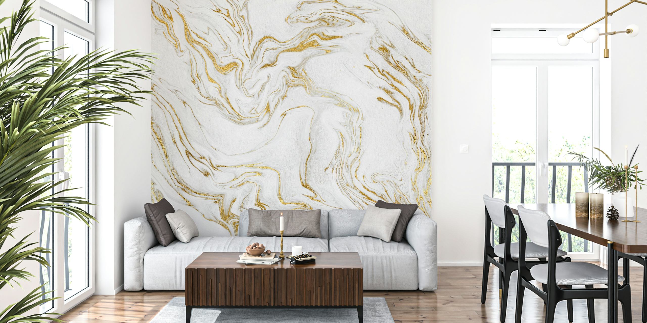Gold and white swirling marble pattern wallpaper