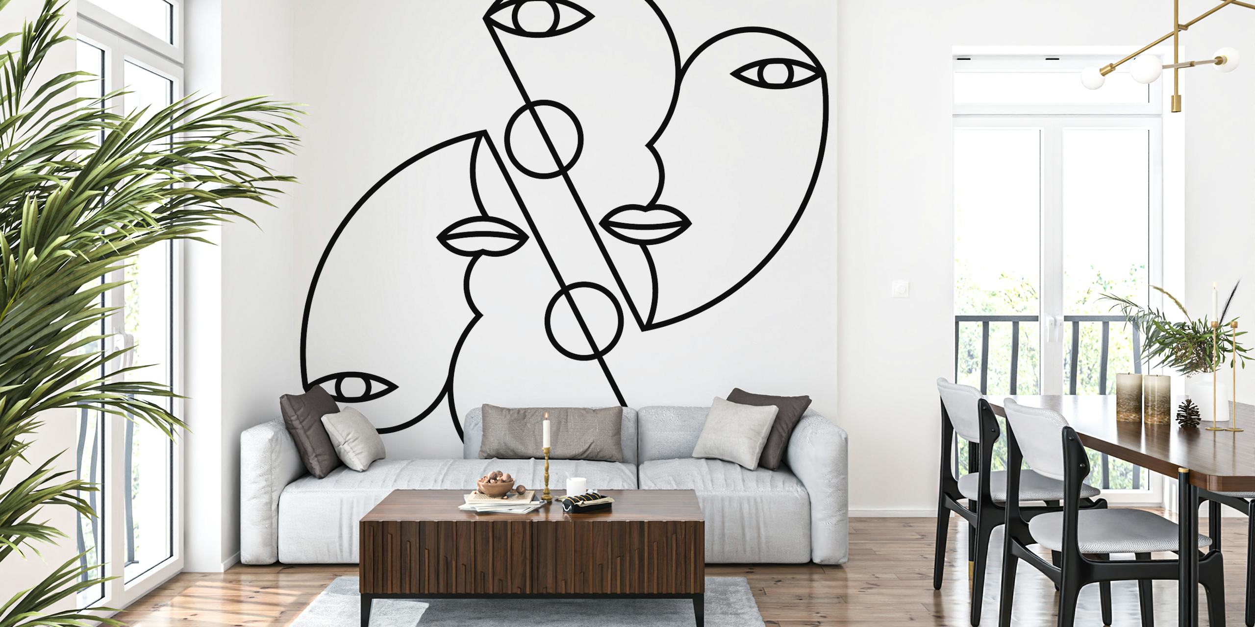 Black and white line art heart wallpaper with abstract faces
