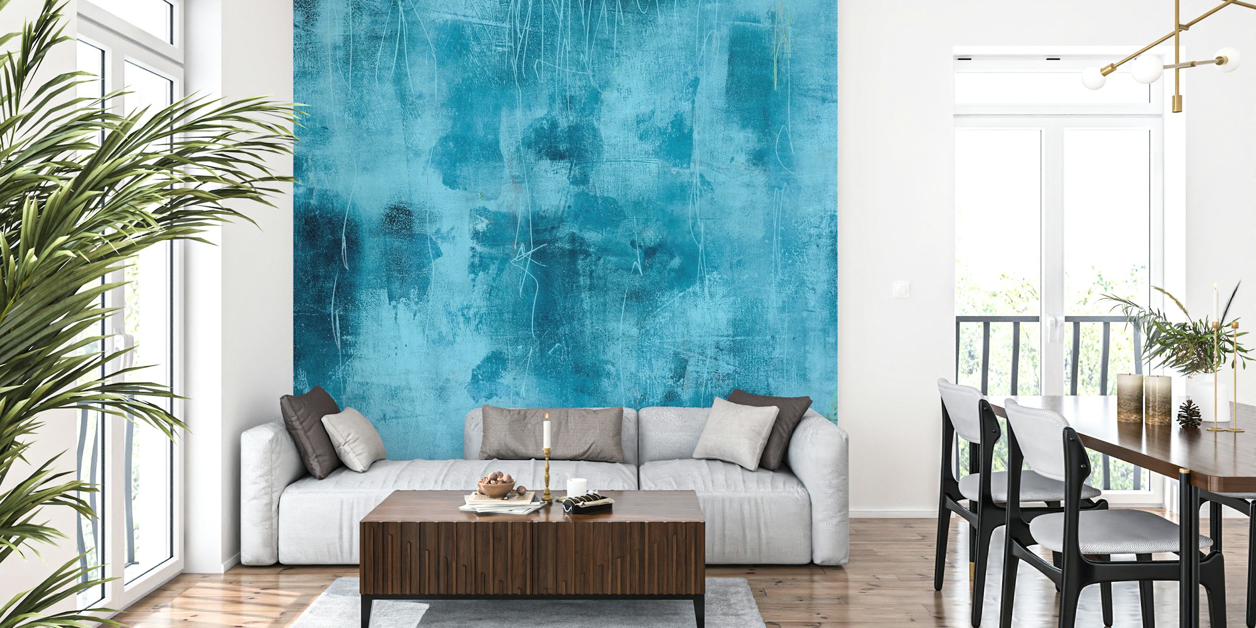 Blue textured wallpaper in a room