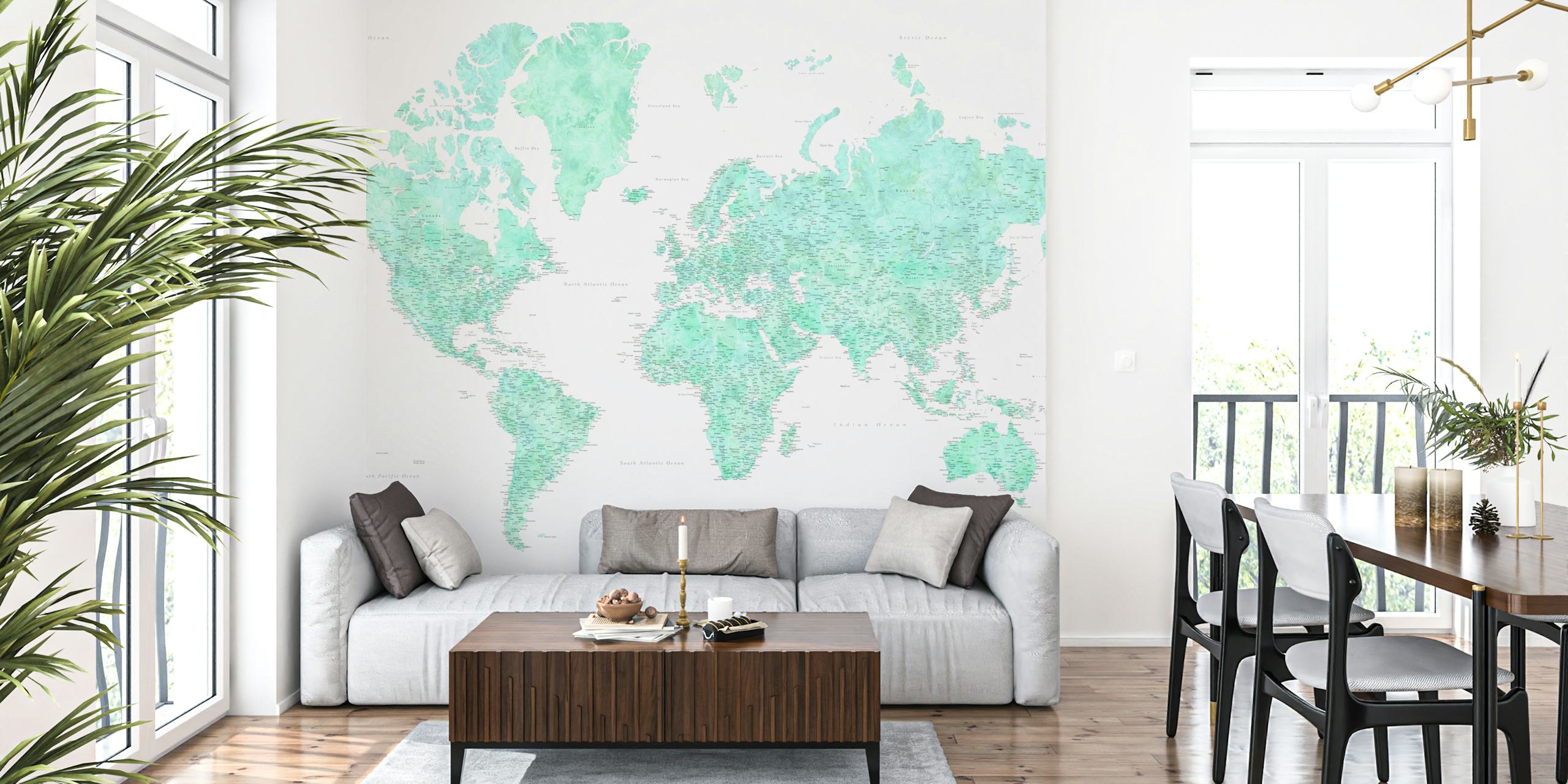 Light blue world map with geographical details wallpaper