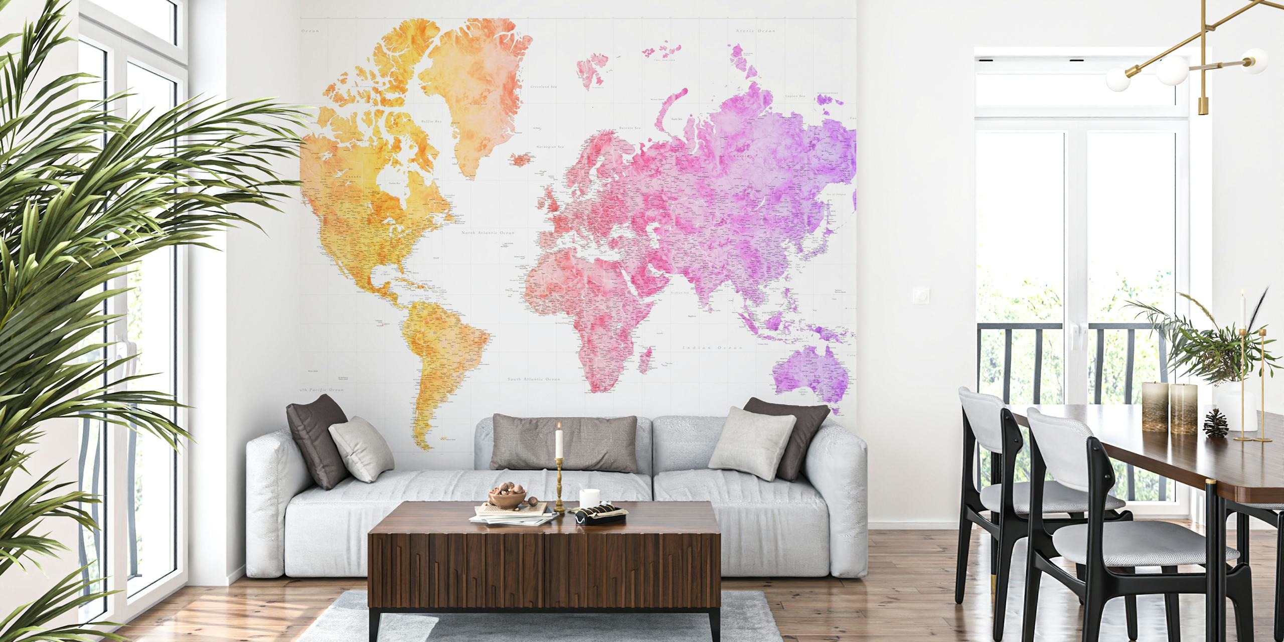 Colorful high-detail watercolor world map wall mural titled Edna
