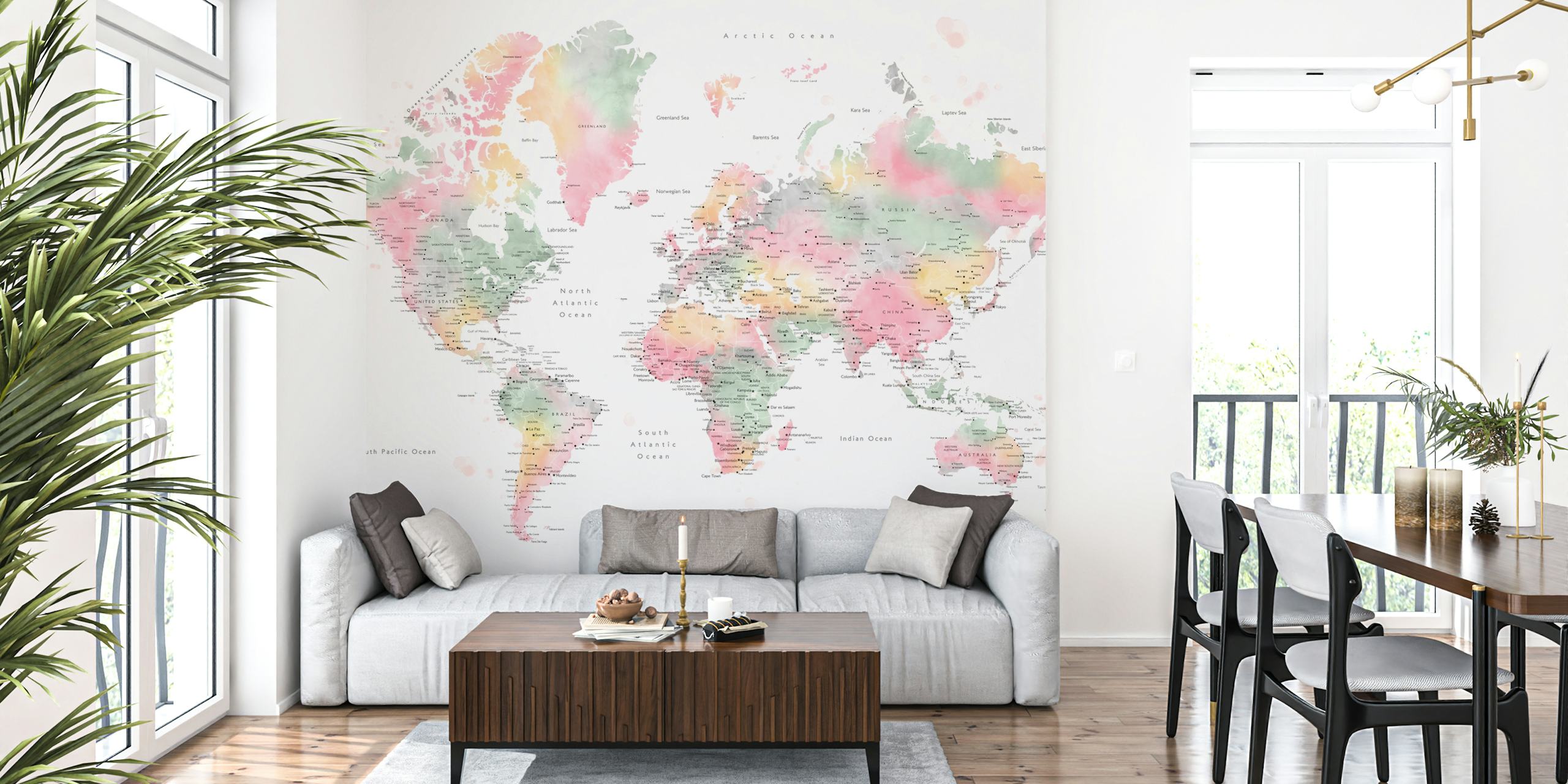 Carta da parati World map cities in una stanza