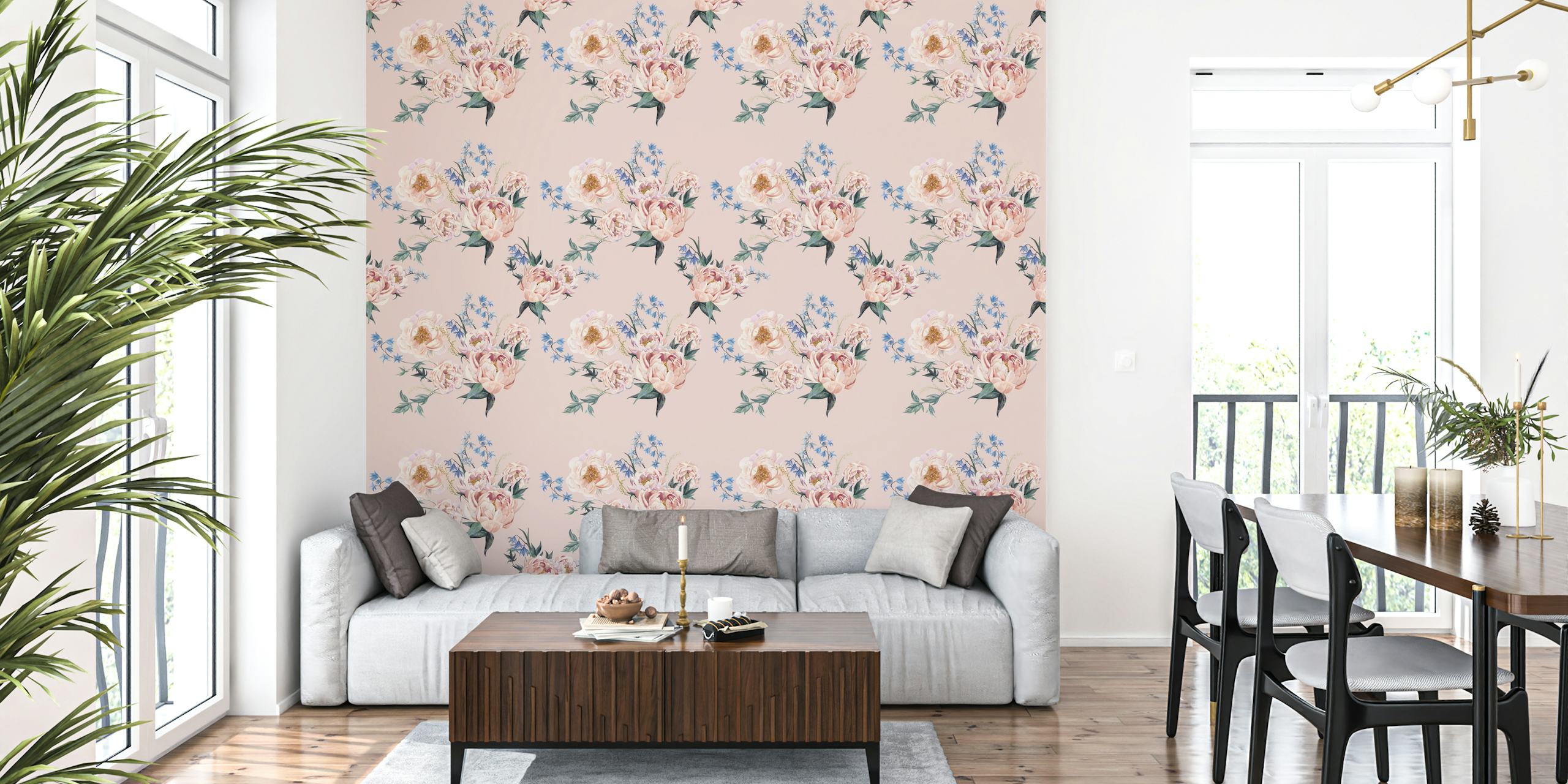 Vintage Floral ~ Rose Ταπετσαρία με Ροζες σε Παλέτα Παστέλ σε Ροζ Φόντο