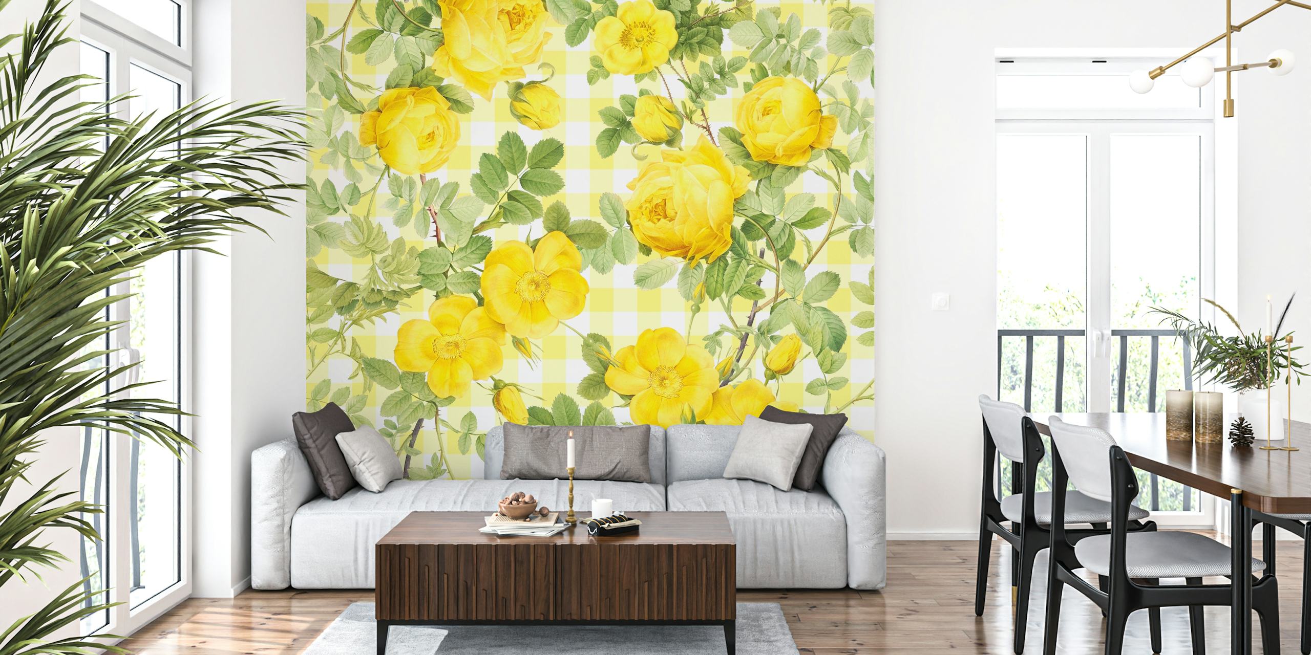Vintage yellow roses floral pattern on checkered background wallpaper