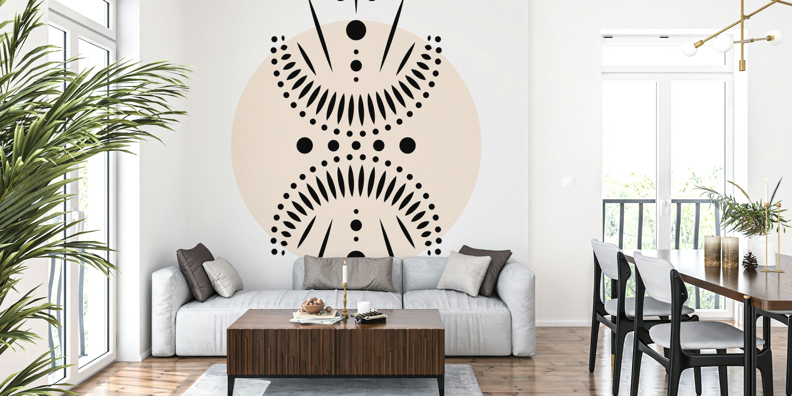 Abstract half moon and celestial bodies wall mural in beige and black