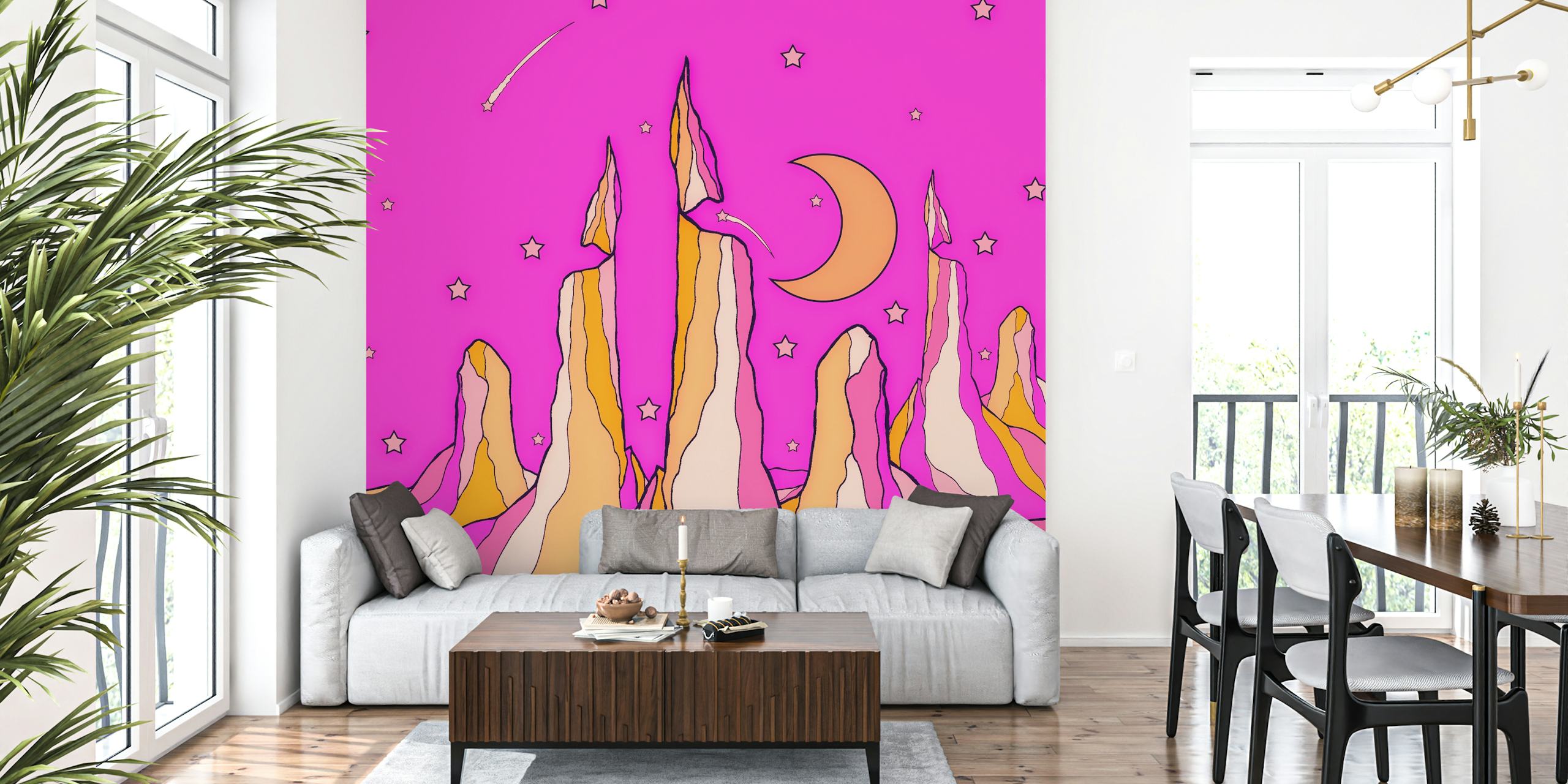 Whimsical wallpaper design of peaks and moon