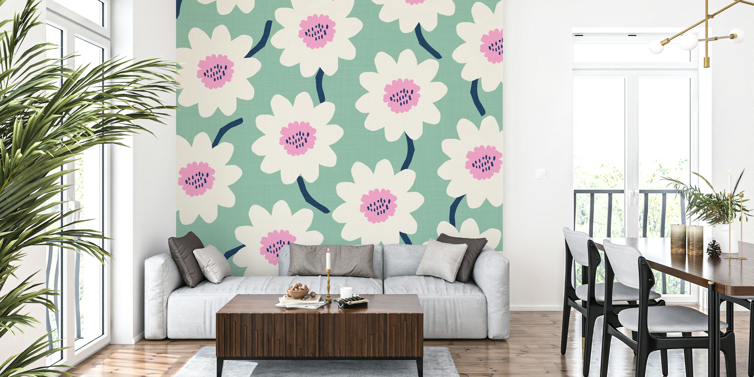 Daisies on teal background wall mural in Flower Field - Meadow design