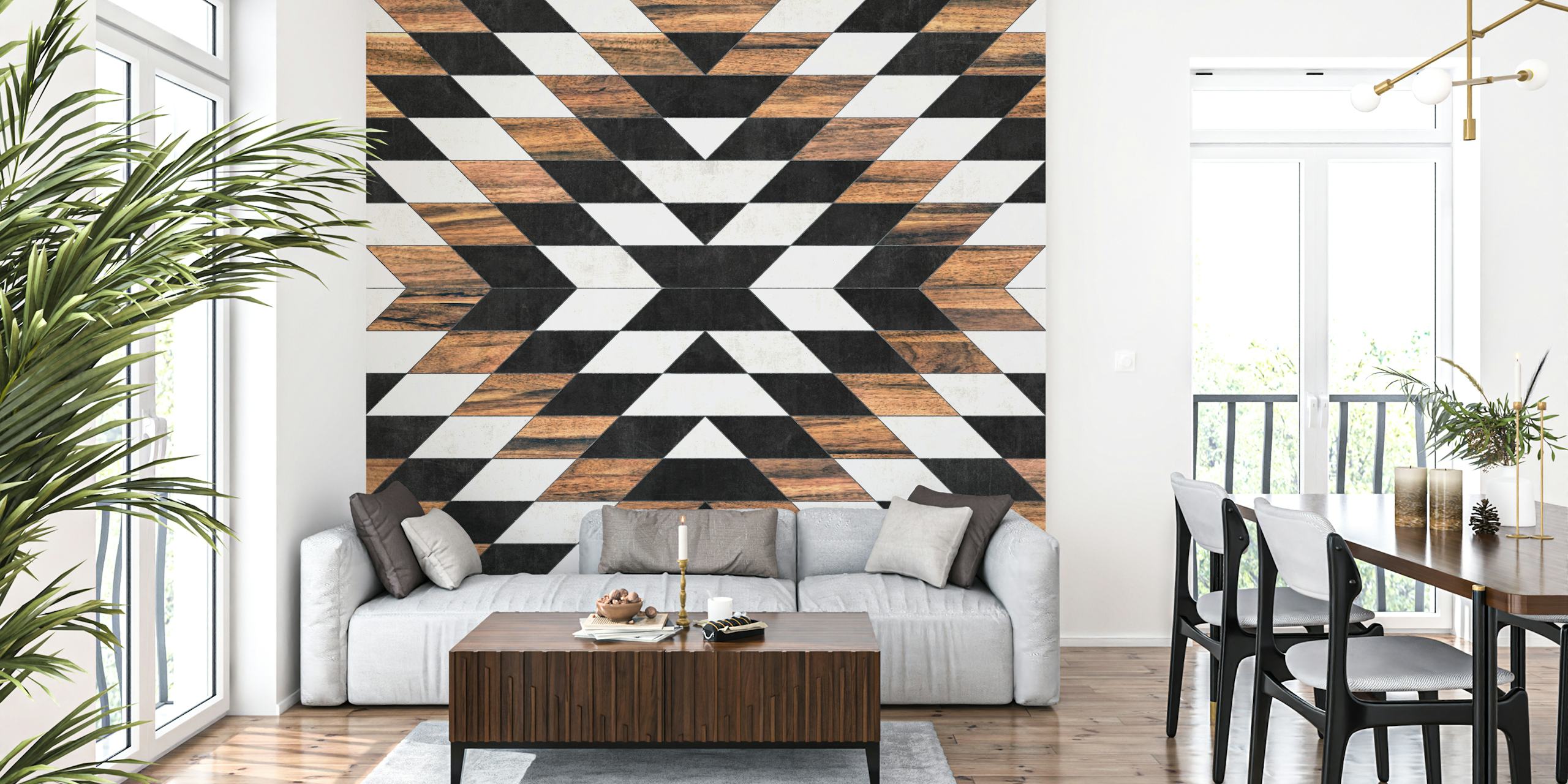 Black and white geometric pattern with wooden accents wallpaper