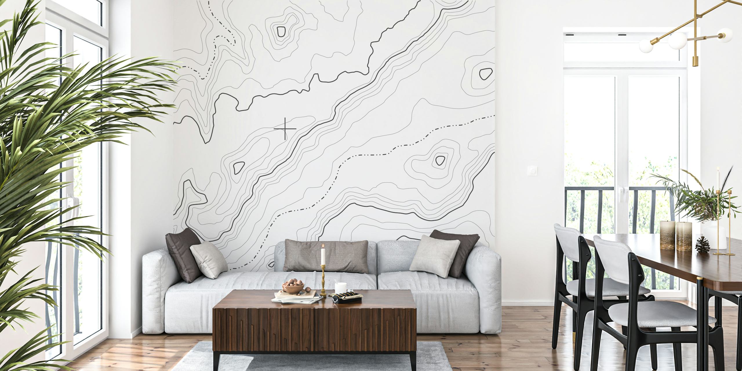 Topographical lines in white on a light background wallpaper