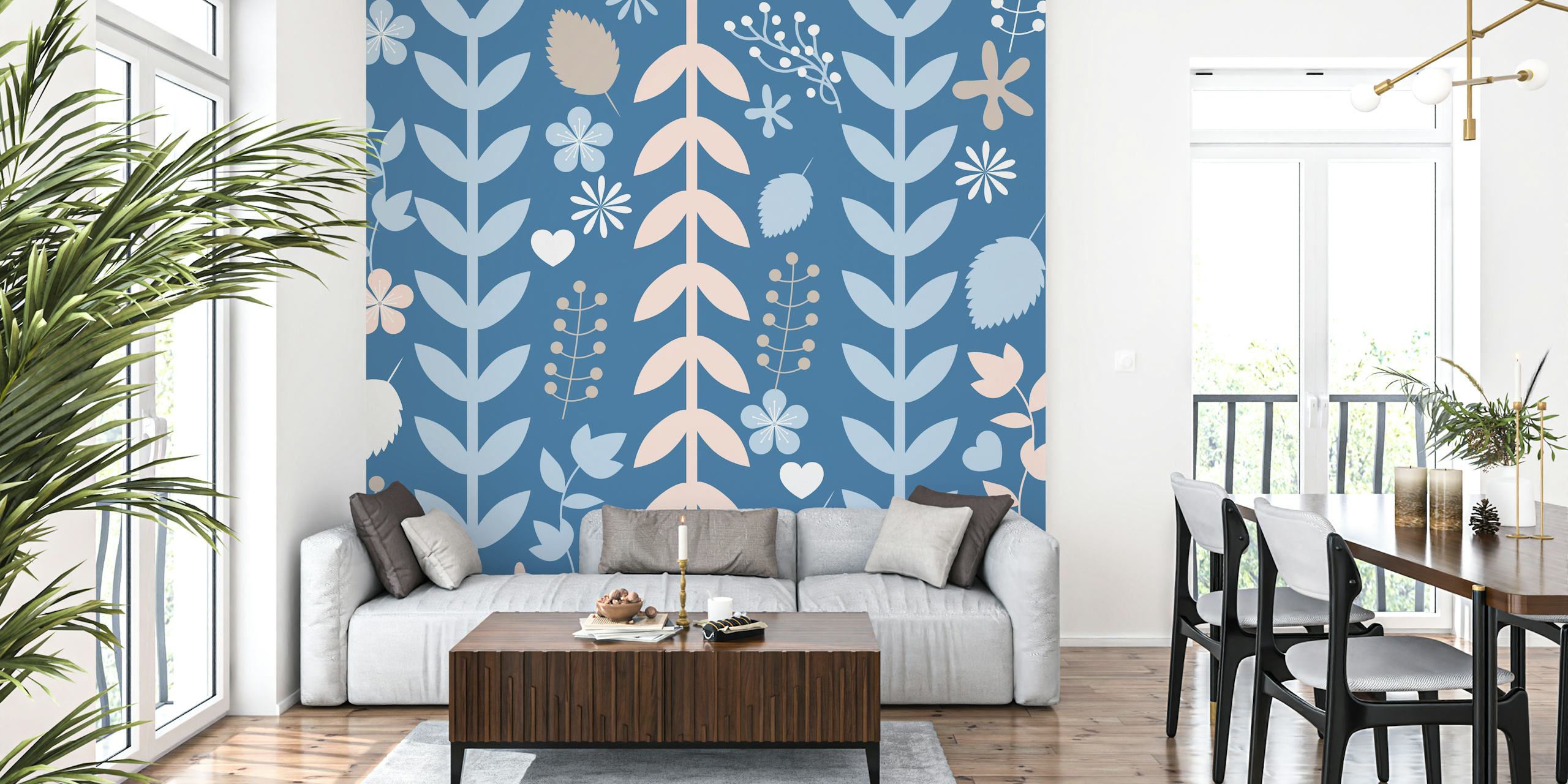 Naklejka ścienna Denim Blue Pink Leaves przedstawiająca botaniczne wzory liści w kolorze różowym i dżinsowym na stonowanym niebieskim tle.