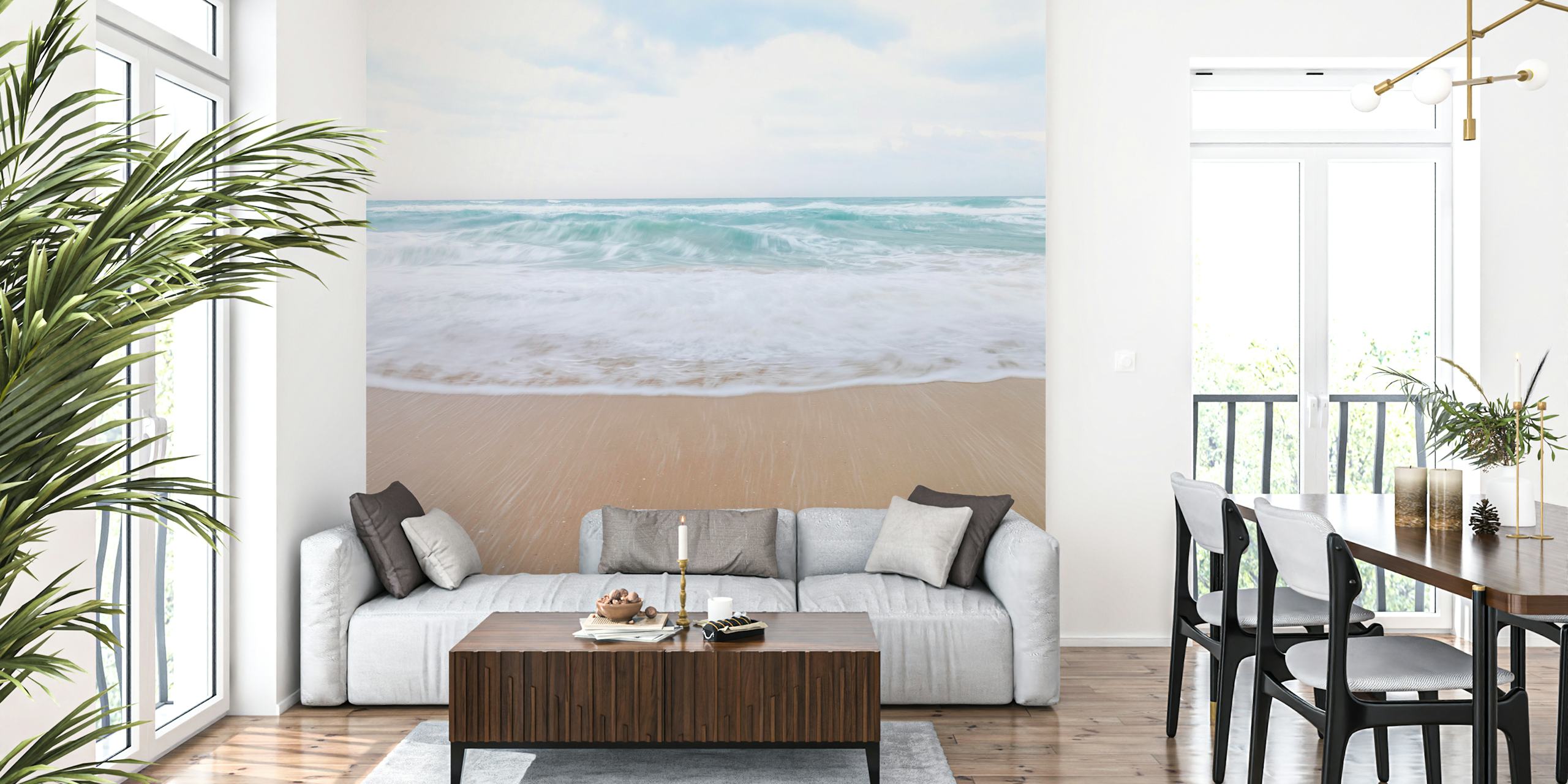 Serene calm beach scene with soft blue ocean waves and sandy shore wallpaper