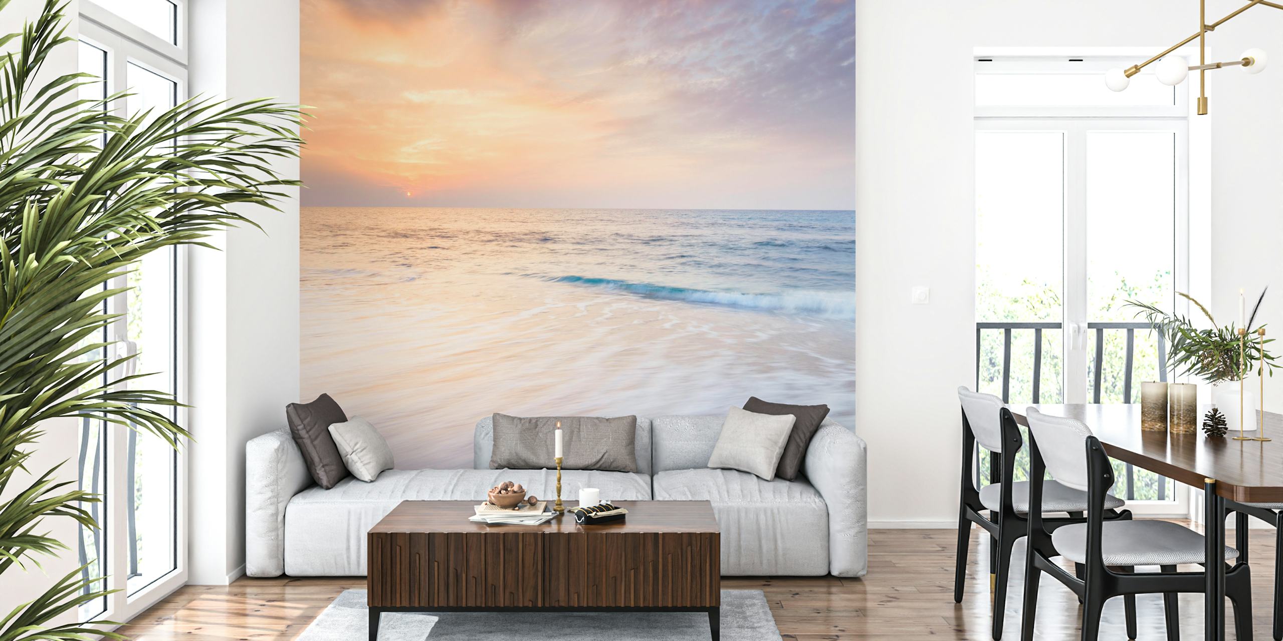 Seascape with sunset hues of orange and blue, peaceful beach wallpaper