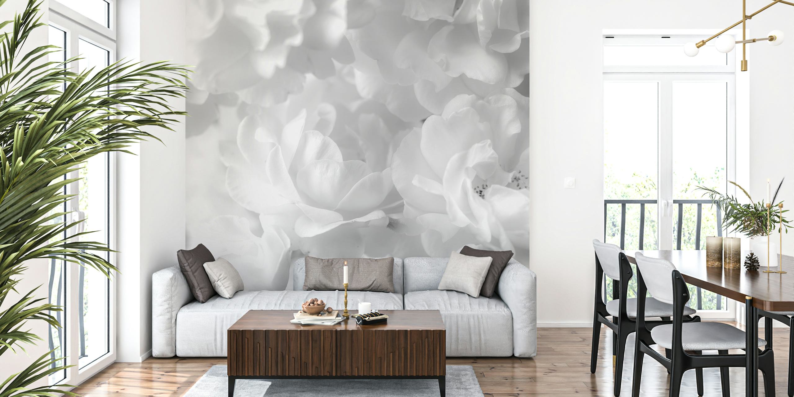 Black and white floral wallpaper design with soft roses