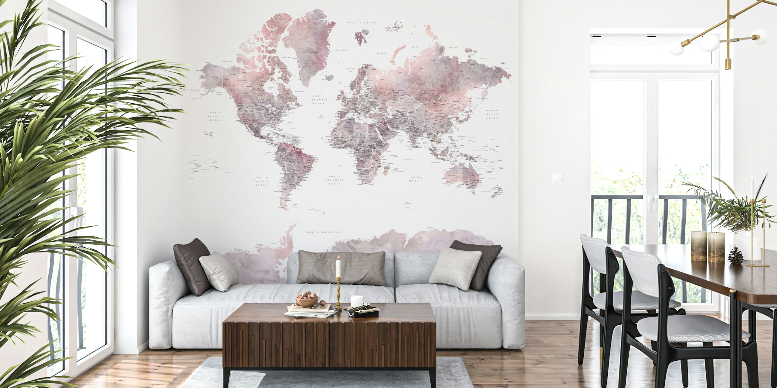 World map wallpaper with pink tones