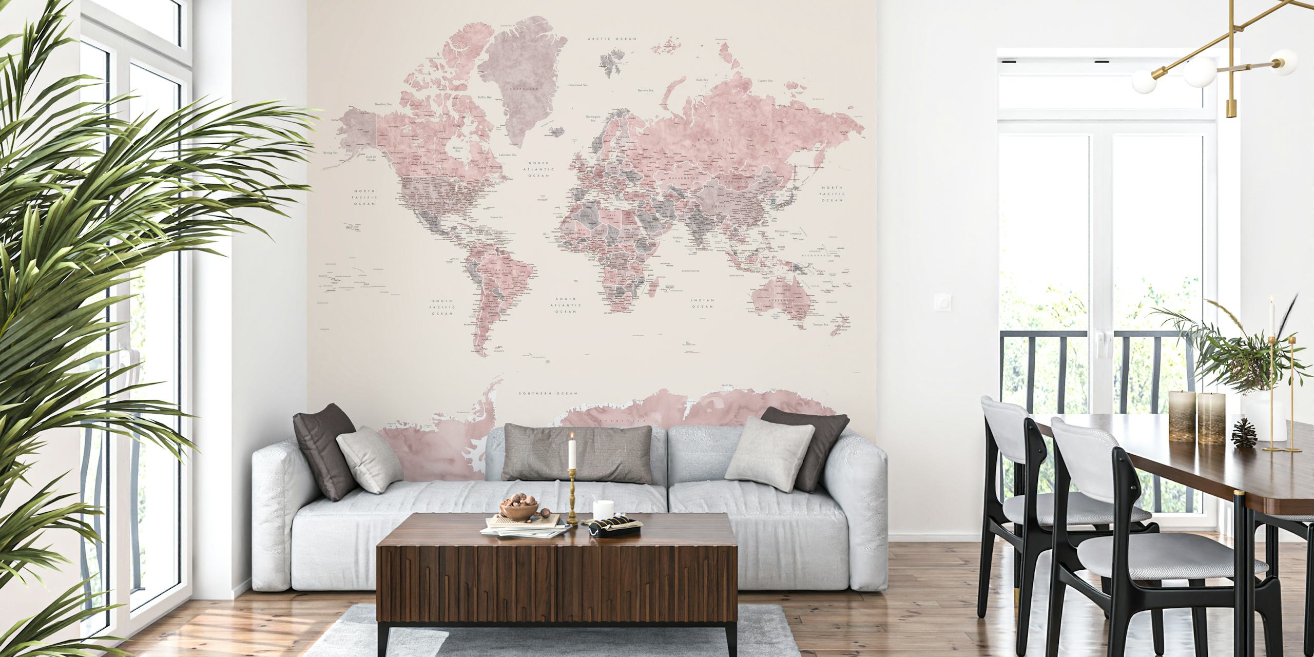 Soft pink world map with Antarctica wall mural for interior decoration