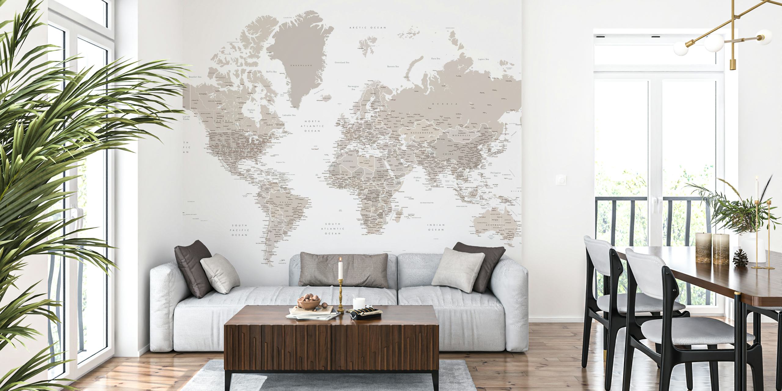 Detailed world map in light brown tones wallpaper