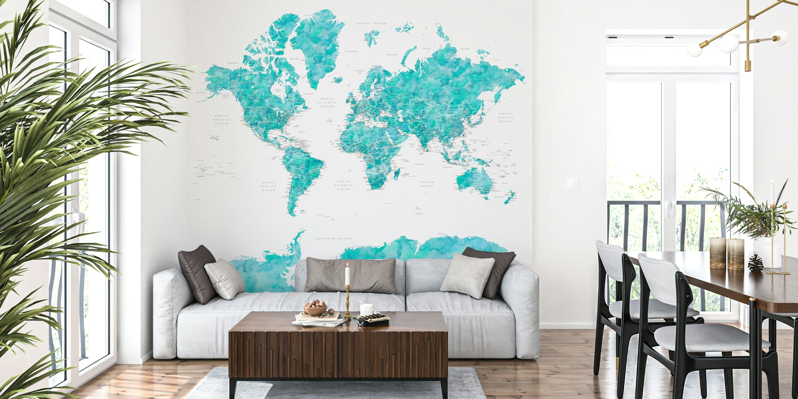 Turquoise watercolor world map wall mural with a focus on Antarctica