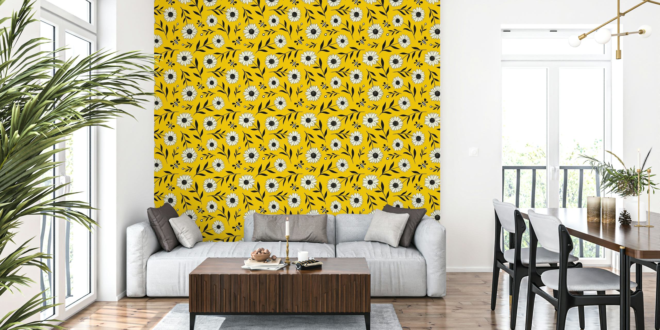 Sunflower and bee wallpaper in a room