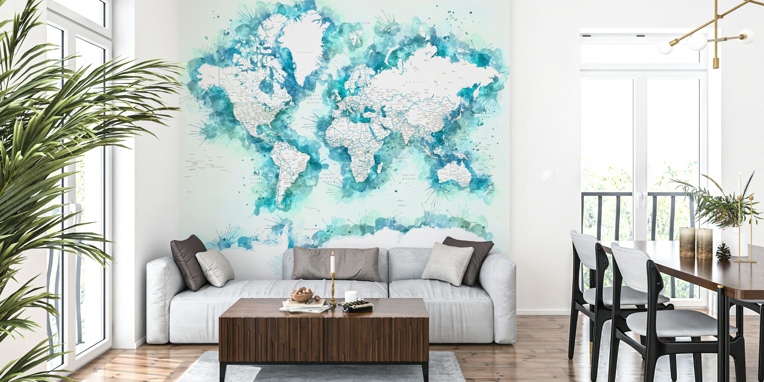 Watercolor world map design with blue splashes and white continents wallpaper