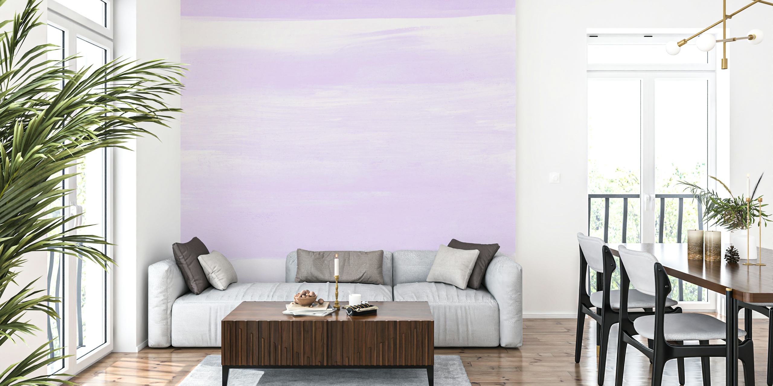 Soft lavender watercolor wallpaper in a room