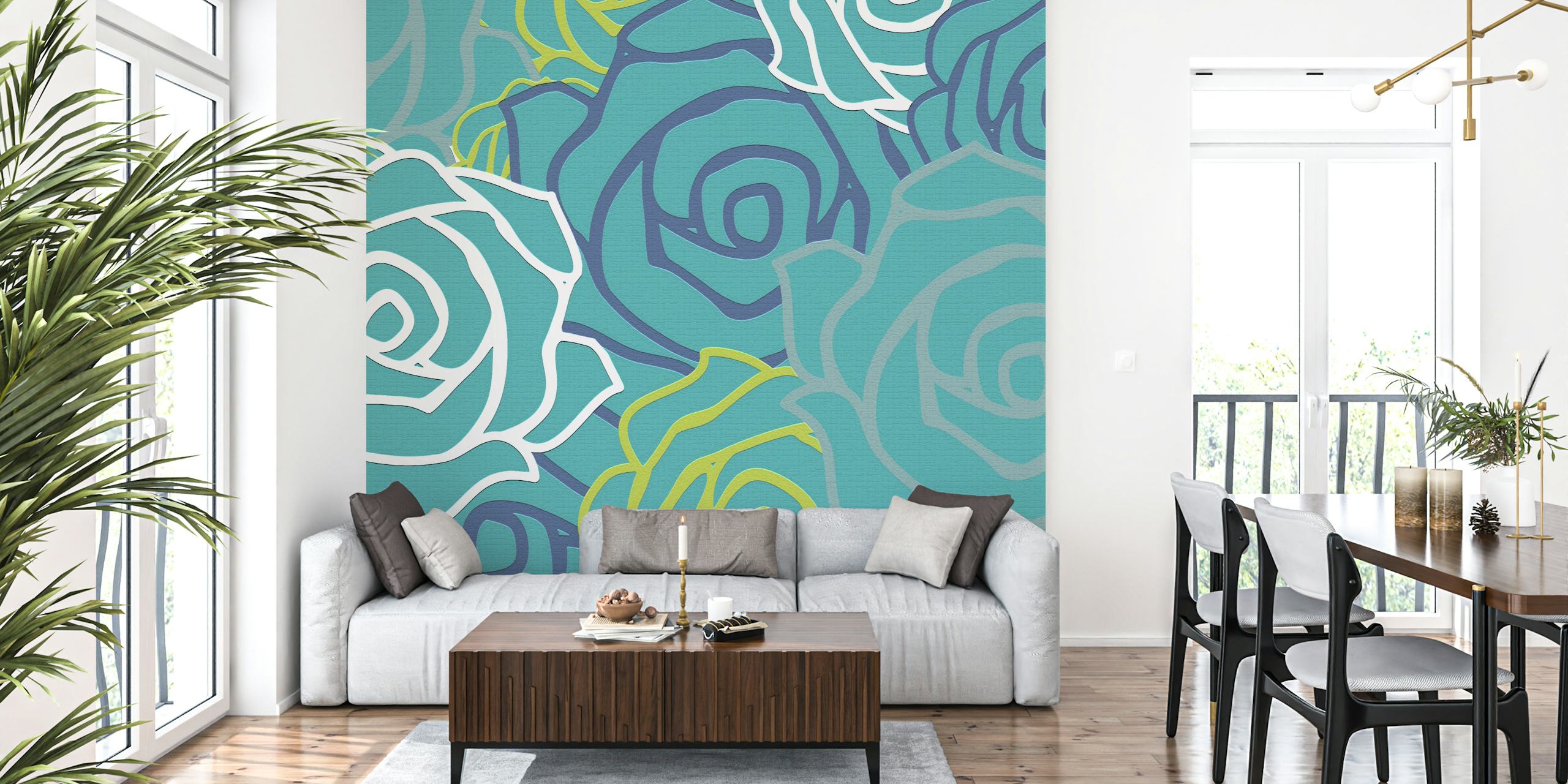 Teal roses with white outlines and green accents wallpaper