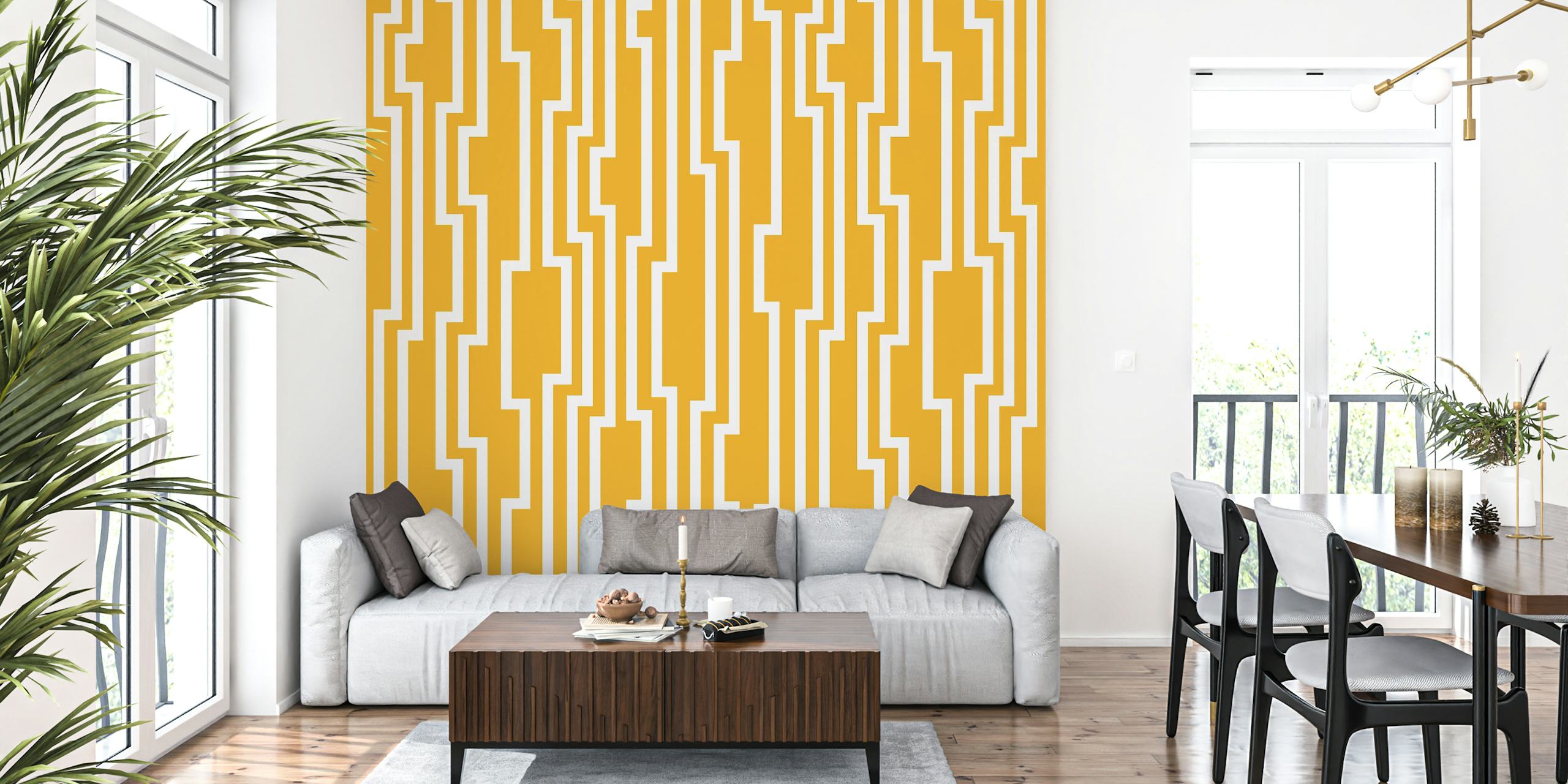 Saffron yellow and white striped damask wallpaper design