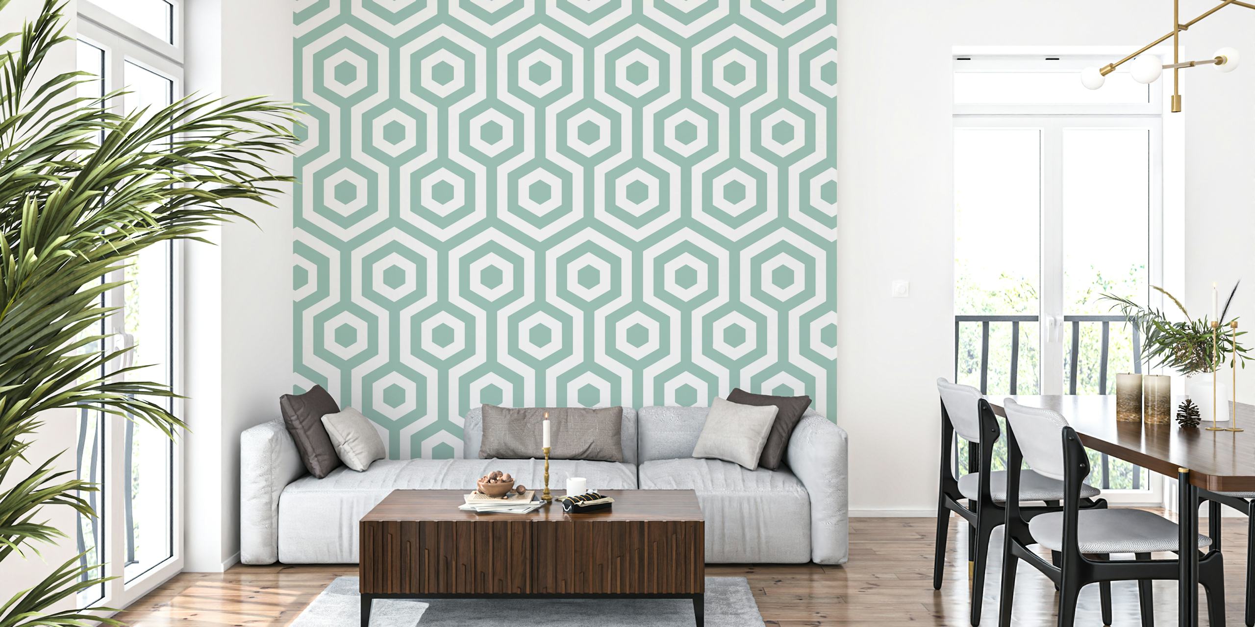 Papier peint Mint White Hexagon Sea Foam dans une pièce