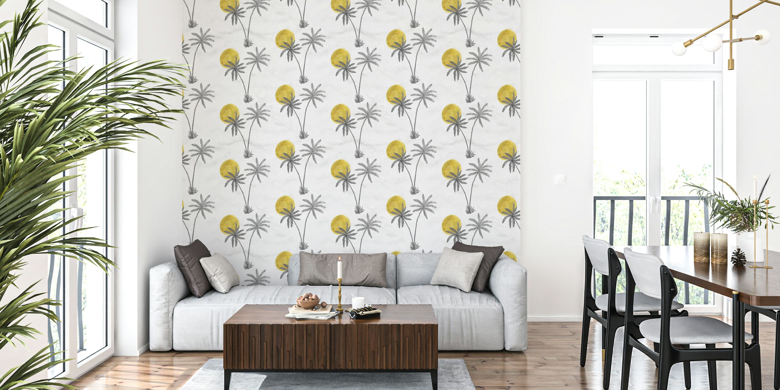 Sunny palm trees wallpaper in a room