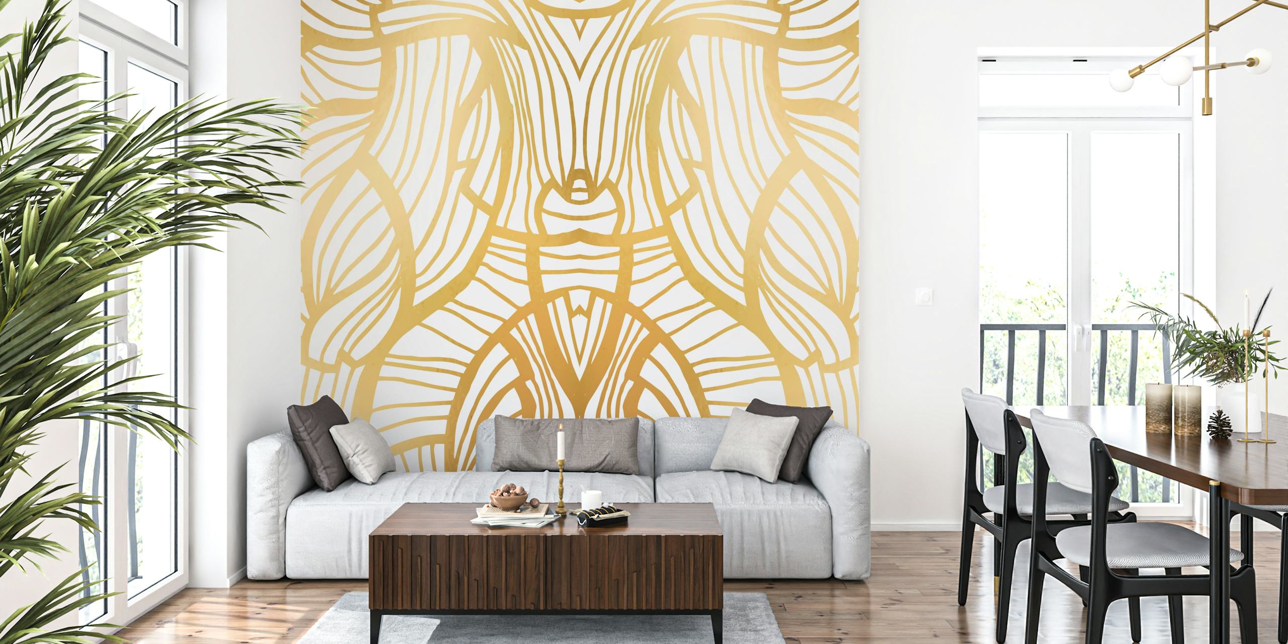 Gold floral patterns with bold line work wallpaper