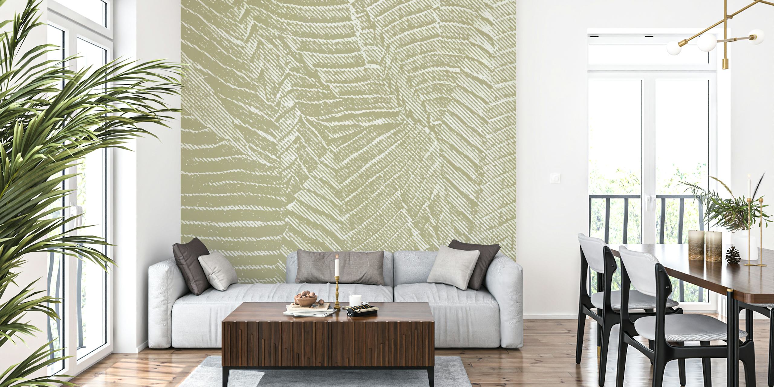 Soft green minimalist leaf pattern wallpaper design