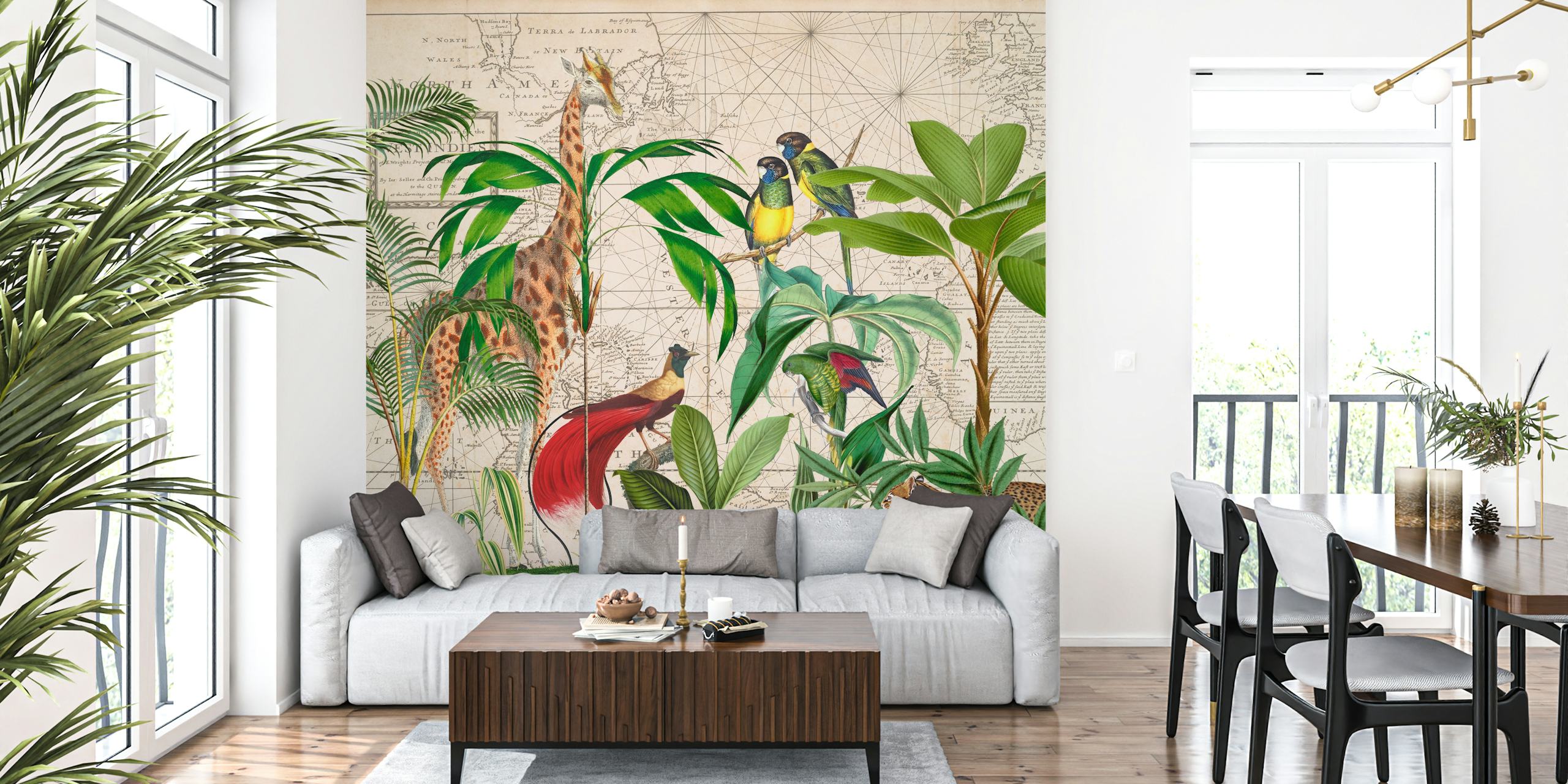 Illustrative wall mural featuring giraffe, exotic birds, and tropical plants on a map background