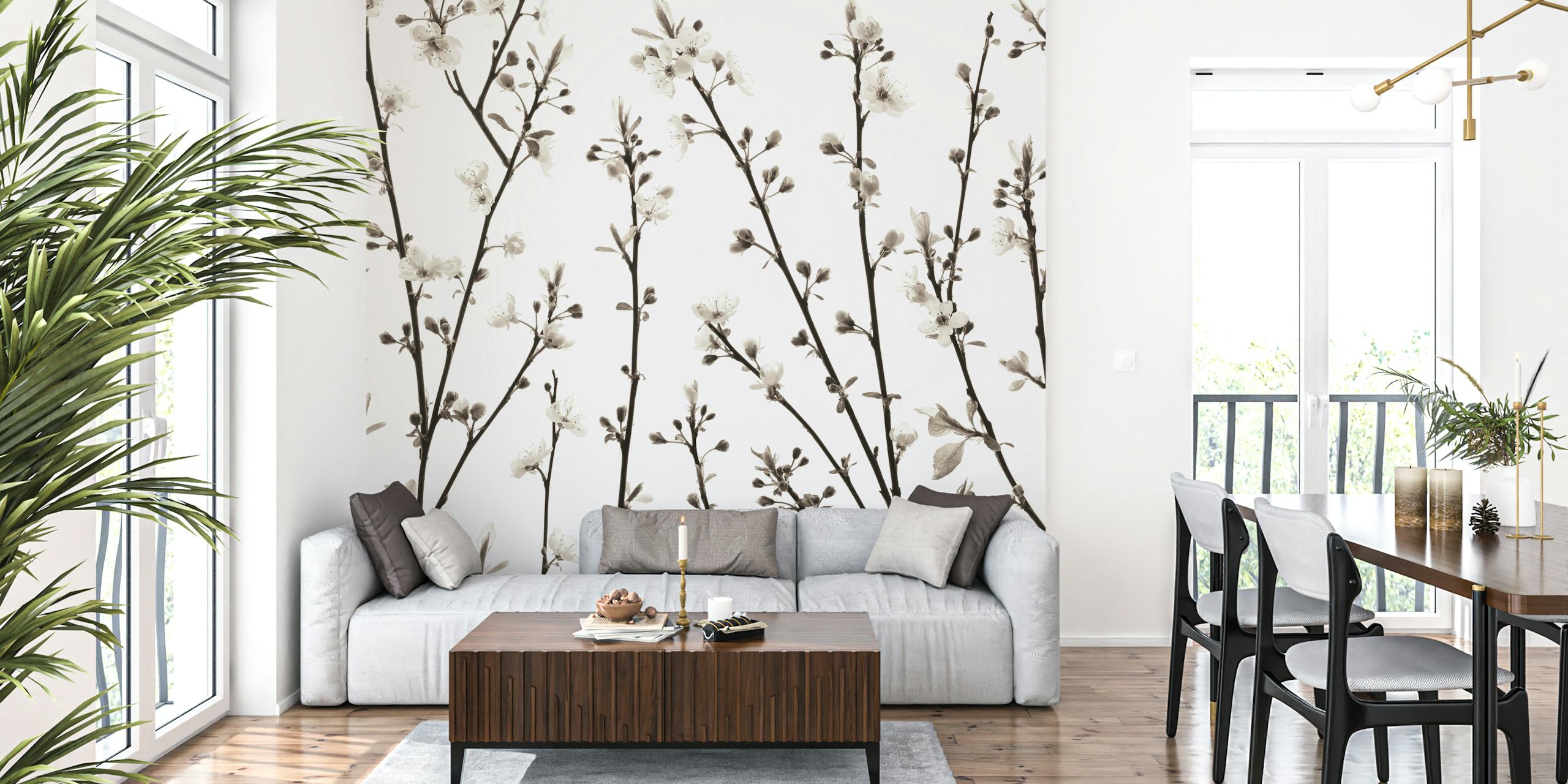 Black and white floral branches wallpaper